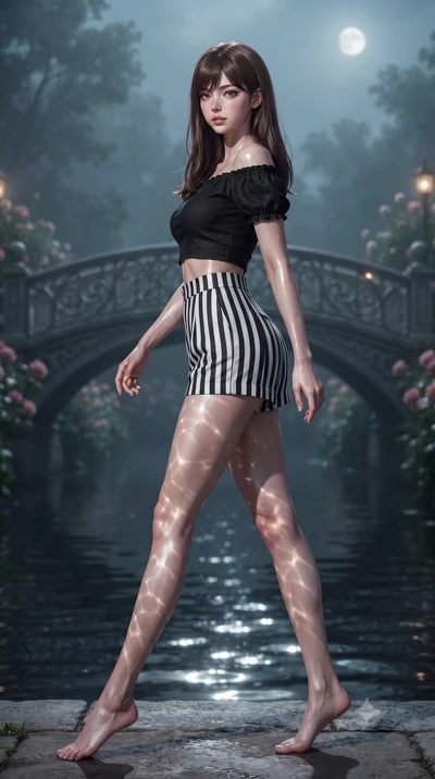 score_9, masterpiece, best quality, ultra-detailed, high-budget anime keyframe, editorial fashion photography, tasteful artistic composition, Korean woman. low angle full-body shot from head to toe showing her feet, filling the entire 9:16 vertical f
