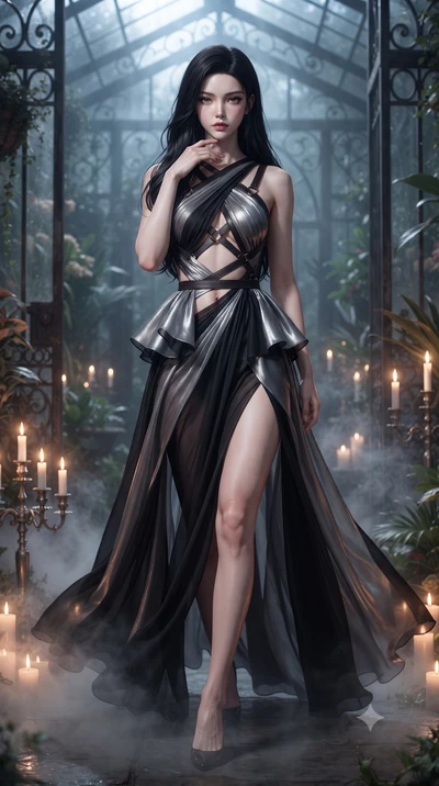 score_9, masterpiece, best quality, ultra-detailed, high-budget anime keyframe, editorial fashion photography, tasteful artistic composition, Korean woman. low angle full-body shot from head to toe showing her feet, filling the entire 9:16 vertical f