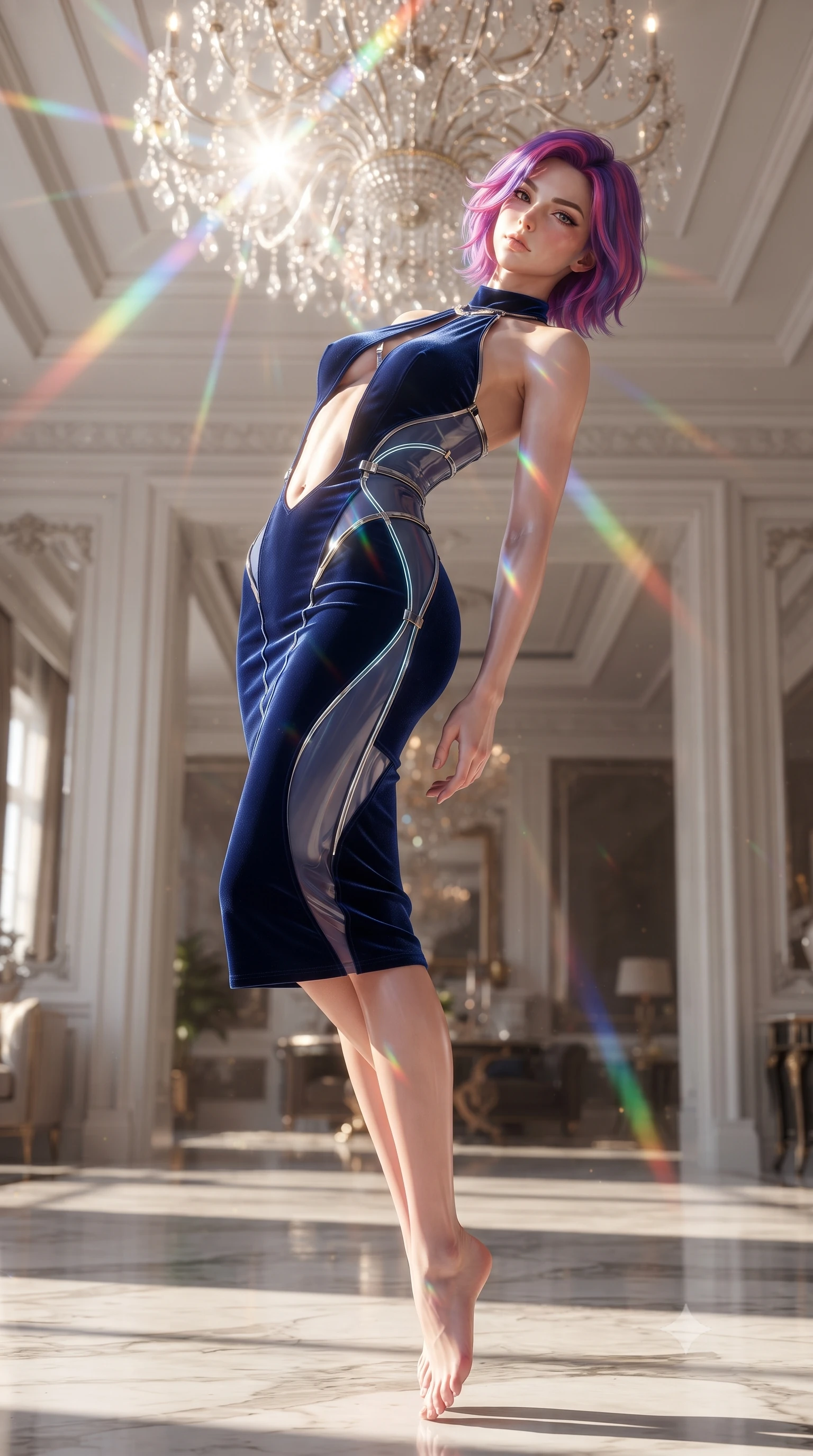 score_9, masterpiece, best quality, ultra-detailed, high-budget anime keyframe, editorial fashion photography, tasteful artistic composition, Caucasian woman. low angle full-body shot from head to toe showing her feet, filling the entire 9:16 vertical frame with her statuesque presence, stretching her vertical silhouette. arching her back in a fluid zero-gravity turn with sovereign grace, her long slender legs and sculpted torso creating a sweeping line while pausing beneath a crystal chandelier refracting sunlight into dazzling rainbow rays across her skin. The surrounding environment is rendered in vivid detail and crisp panoramic clarity. vivid high-saturation spectrum colors and high-key white daylight rendered with environmental sharpness. She has an absolutely perfect, statuesque 8.5-heads proportion, an exceptionally tall and slender model-like female figure with impossibly long slender legs, a toned flat midriff, and an ultra-slim waist. sharp v-shaped jawline, high-bridge nose, intricate jewel-like eyes with depth, thick eyelashes, glossy lips with a natural sheen, flawlessly proportioned anatomical accuracy, strict slender model proportions, natural body alignment, perfectly sculpted long slender limbs, ultra-slim waistline, clean dynamic posture without body distortion. wearing a velvet halter-neck midi dress fitting her statuesque contour flawlessly with a Tasteful chest slit and open spine in deep royal navy blue and specular chrome, tailored from semi-translucent cybernetic vinyl with glowing micro-filaments, reinforced by a sleek metallic chrome harness and delicate glowing micro-straps, the form-contouring material adhering flawlessly to her sculpted flat midriff and slender torso, emphasizing her long leg lines and perfectly proportioned willowy build. illuminated by high-contrast specular reflections on crystal and polished surfaces. ultra-reflective glossy finish, specular highlights, metallic sheen, high-contrast stereoscopic depth, volumetric dynamic lighting, 2k, ultra detail, master piece, 9:16 ratio
