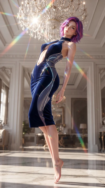 score_9, masterpiece, best quality, ultra-detailed, high-budget anime keyframe, editorial fashion photography, tasteful artistic composition, Caucasian woman. low angle full-body shot from head to toe showing her feet, filling the entire 9:16 vertica