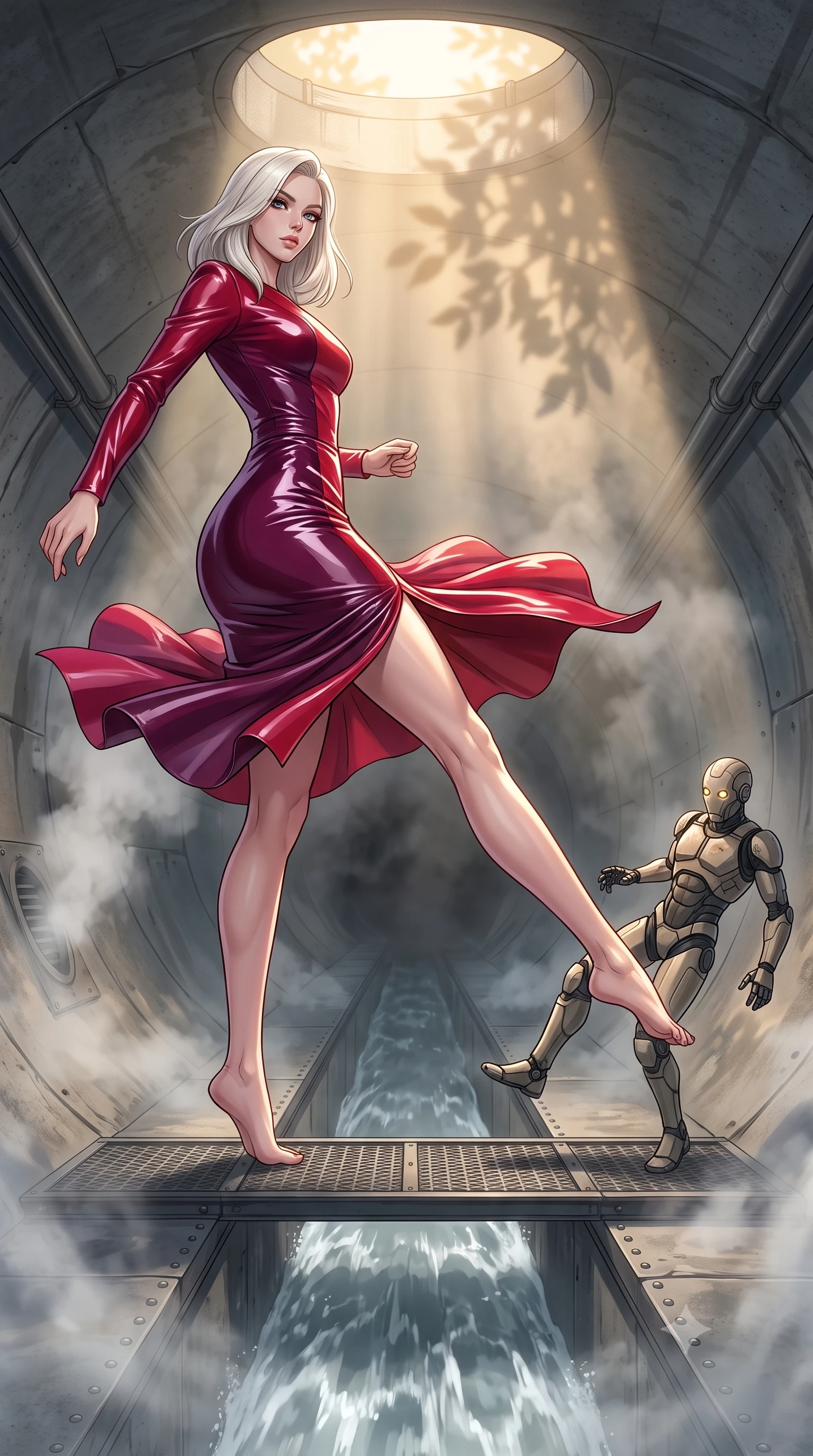 score_9, masterpiece, best quality, ultra-detailed, high-budget anime keyframe, editorial fashion photography, tasteful artistic composition, Caucasian woman, strictly human ears. low angle full-body shot from head to toe showing her feet, filling the entire 9:16 vertical frame with her statuesque presence, stretching her vertical silhouette. executing a lightning-fast low sweep kick to knock down a security android on a metal catwalk within a giant concrete sewer pipe, water rushing rapidly along the center while steam vents create a heavy fog. She has a statuesque 8.5-heads proportion, an exceptionally tall, slender and willowy model-like build with impossibly long legs and a highly sculpted ultra-slim waist. sharp v-shaped jawline, high-bridge nose, intricate jewel-like eyes with depth, thick eyelashes, glossy lips with a natural sheen. wearing the lightweight fabric rippling and billowing dramatically with her movement, a tailored vibrant color vinyl-effect pencil dress in dual-tone cherry red and plum, sculpting her slender silhouette with lacquered perfection. highly saturated vibrant anime colors, intense vivid color palette, soft 3D volumetric shading, volumetric dynamic lighting, warm golden afternoon sunbeams casting soft organic leaf shadows across her skin. 2k, ultra detail, master piece, 9:16 ratio