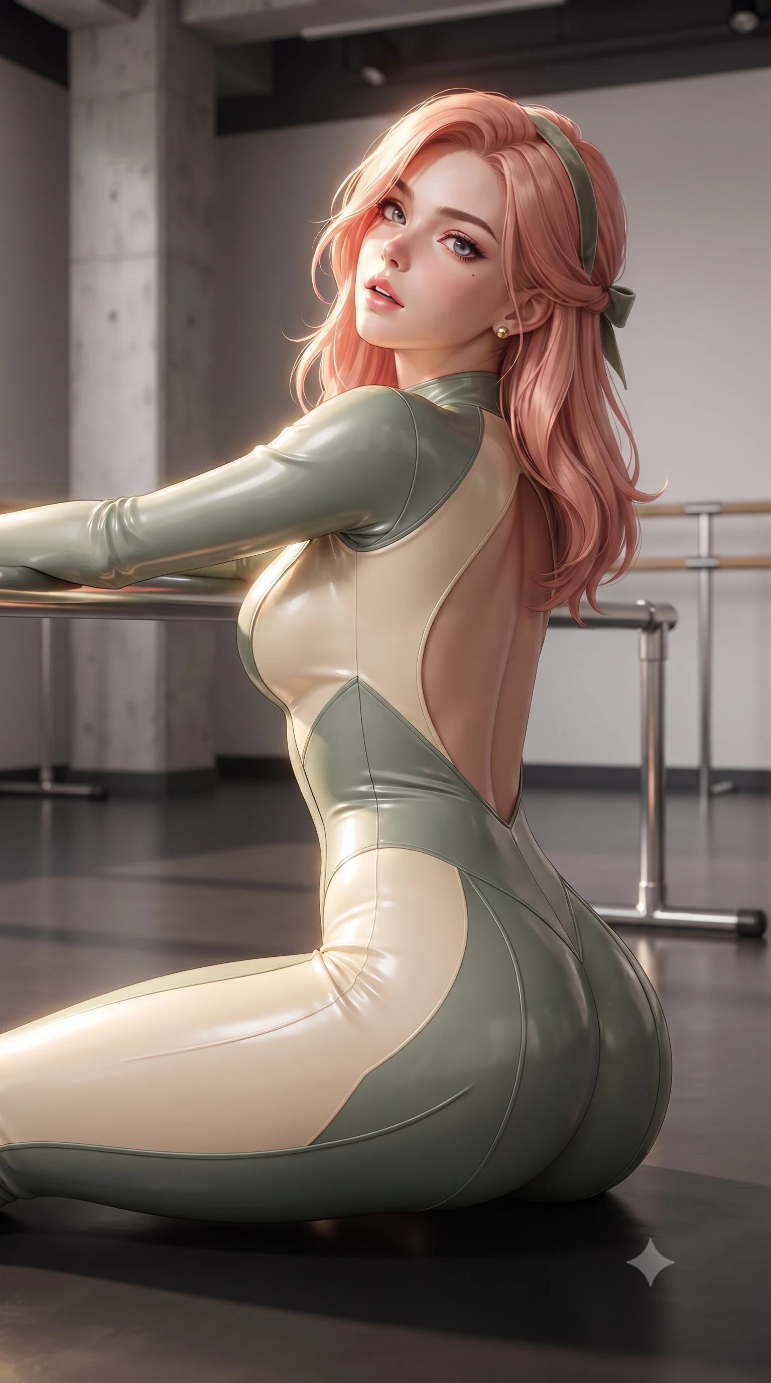 score_9, masterpiece, best quality, ultra-detailed, high-budget anime keyframe, editorial fashion photography, tasteful artistic composition, Japanese woman. close-up cowboy shot from the waist and thighs up, the character dominates the composition, filling the frame with her large presence. leaning forward against the polished railing with her hips cocked back, creating an intoxicating curve from her narrow waist to sculpted hips as she gazes back into the lens while reclining on the dance studio floor propped up on one hip, head tilted back in ecstasy with parted lips as warm spotlights trace her silhouette. The composition keeps background elements in soft focus with creamy bokeh. minimalist architectural concrete pillars and barre stands softened in clean artistic depth. She has an exceptionally elegant, slender, and willowy female figure with an ultra-slim waist, a gracefully sculpted slender torso, toned flat midriff, and rounded feminine hips creating an alluring hourglass silhouette. sharp v-shaped jawline, high-bridge nose, intricate jewel-like eyes with depth, thick eyelashes, glossy parted lips with a natural sheen, intensely captivating and seductive bedroom-eyes expression, flawlessly proportioned anatomical accuracy, strict slender model proportions, natural body alignment, perfectly sculpted long slender limbs, ultra-slim waistline, clean dynamic posture without body distortion. wearing an aerodynamic compression bodysuit featuring a wide open back and reinforced hip contour seams in sage green and warm cream, crafted from second-skin aerodynamic stretch vinyl with specular sheen, complemented by a delicate velvet hair ribbon and gold stud earrings, the liquid-tight tailored fabric clinging flawlessly to her narrow waist and rounded feminine hips, emphasizing every millimeter of her sculpted hourglass curves during movement. illuminated by crisp specular rim lights accentuating her narrow waist, curved hips, and long legs. ultra-reflective glossy finish, specular highlights, rich textural contrasts, high-contrast stereoscopic depth, volumetric dynamic lighting, 2k, ultra detail, master piece, 9:16 ratio