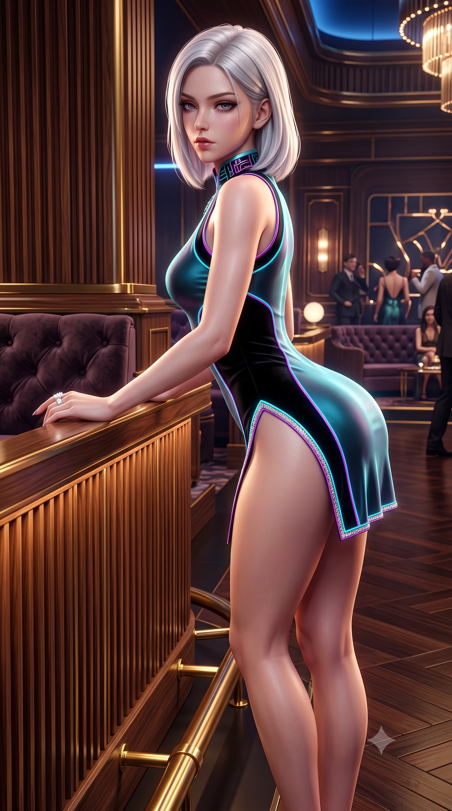 score_9, masterpiece, best quality, ultra-detailed, high-budget anime keyframe, semi-realistic 3D game render, editorial fashion photography, tasteful artistic composition, Caucasian woman. close-up cowboy shot from the waist and thighs up, the character dominates the composition, filling the frame with her large presence. leaning forward against the polished railing with her hips cocked back, creating an intoxicating curve from her narrow waist to sculpted hips as she gazes back into the lens while gliding across the polished dark walnut dance floor with supermodel momentum, her dress tightly hugging her feminine curves. The surrounding environment is rendered in vivid detail and crisp panoramic clarity. sharp fluted walnut wood paneling, polished brass footrests, and tufted velvet upholstery in deep focus. She has an exceptionally elegant, slender, and willowy female figure with an ultra-slim waist, flat toned midriff, narrow ribcage, and sculpted feminine hips creating an alluring, slim hourglass silhouette without bulk. sharp v-shaped jawline, high-bridge nose, intricate jewel-like eyes with depth, thick eyelashes, glossy parted lips with a natural sheen, intensely captivating and seductive bedroom-eyes expression, flawlessly proportioned anatomical accuracy, strict slender model proportions, natural body alignment, perfectly sculpted long slender limbs, ultra-slim waistline, clean dynamic posture without body distortion. wearing a modernized cyber-qipao mini dress with an ultra-high side slit ascending to the hip and glowing piping in pitch-black velvet with diamond crystal trim, tailored from liquid silk jersey adhering flawlessly to her slender build, complemented by a bold geometric choker and sparkling cocktail ring, the form-contouring material adhering flawlessly to her sculpted flat midriff and slender torso, emphasizing her long leg lines and perfectly proportioned willowy build. illuminated by rich specular rim lights defining her razor-sharp jawline, narrow waist, and curvy hips. highly saturated vibrant anime colors, detailed shading with soft gradients, rich glossy textures, high-contrast stereoscopic depth, volumetric dynamic lighting, master piece, 9:16 ratio