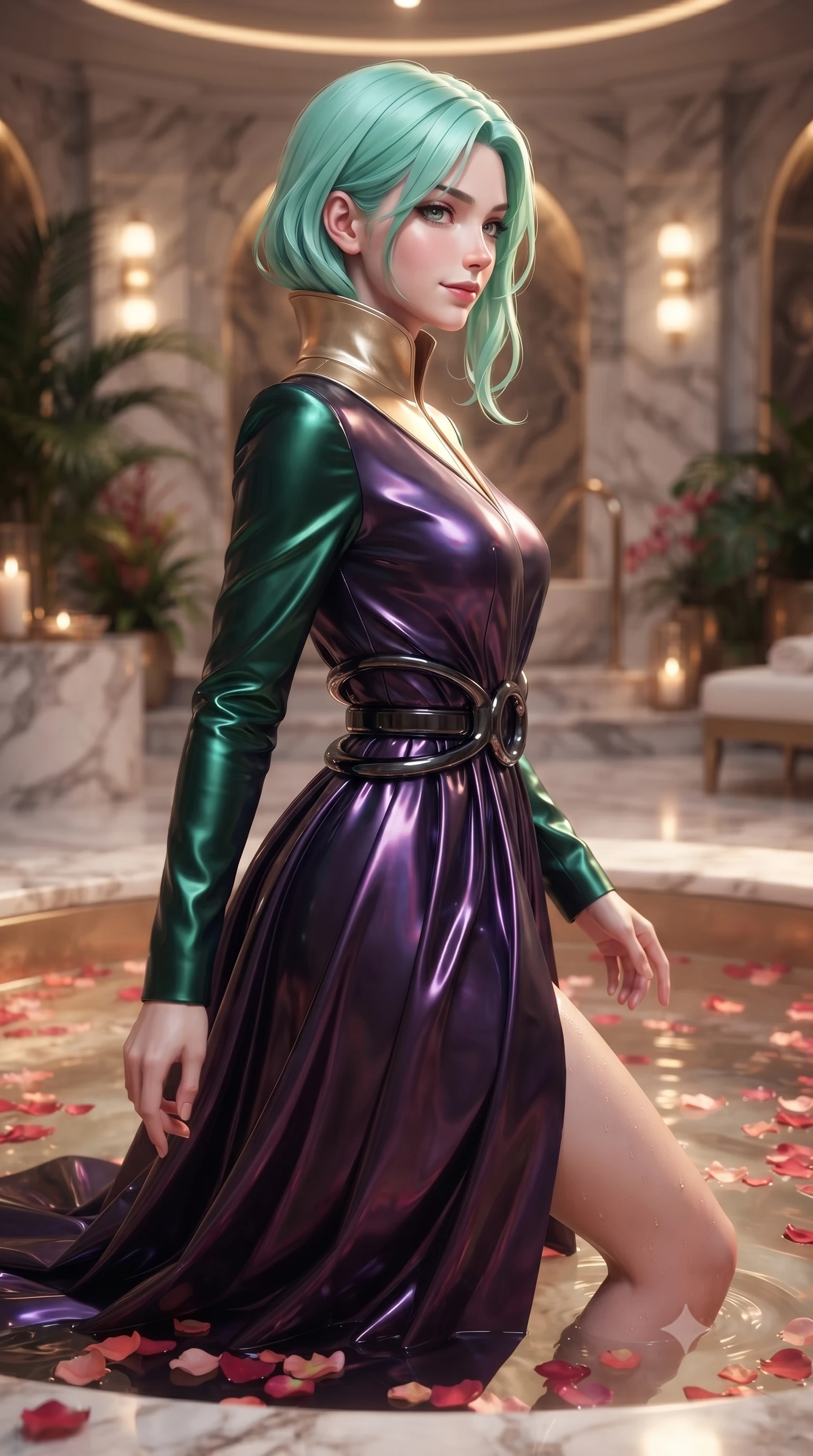 score_9, masterpiece, best quality, ultra-detailed, high-budget anime keyframe, editorial fashion photography, tasteful artistic composition, Japanese woman. close-up cowboy shot from the waist and thighs up, the character dominates the composition, filling the frame with her large presence, background elements kept in soft focus. Glancing sidelong over her shoulder with a smoldering, enigmatic half-smile, stepping gracefully into a warm pool floating with delicate red and pink petals, ultra-luxurious spa aesthetic with high-fashion editorial execution. She has an exceptionally elegant, slender, and willowy female figure with an ultra-slim waist, a gracefully sculpted slender torso, and a refined silhouette. sharp v-shaped jawline, high-bridge nose, intricate jewel-like eyes with depth, thick eyelashes, glossy lips with a natural sheen. wearing long-sleeved dark emerald satin gown with high structured collar in champagne gold, made of iridescent dark violet taffeta, accented with sculpted obsidian chrome rings at the waist, accentuating her gracefully sculpted slender torso. surrounded by a glowing luxury spa aura with sharp specular glints. ultra-reflective glossy finish, specular highlights, metallic sheen, high-contrast stereoscopic depth, volumetric dynamic lighting, 2k, ultra detail, master piece, 9:16 ratio