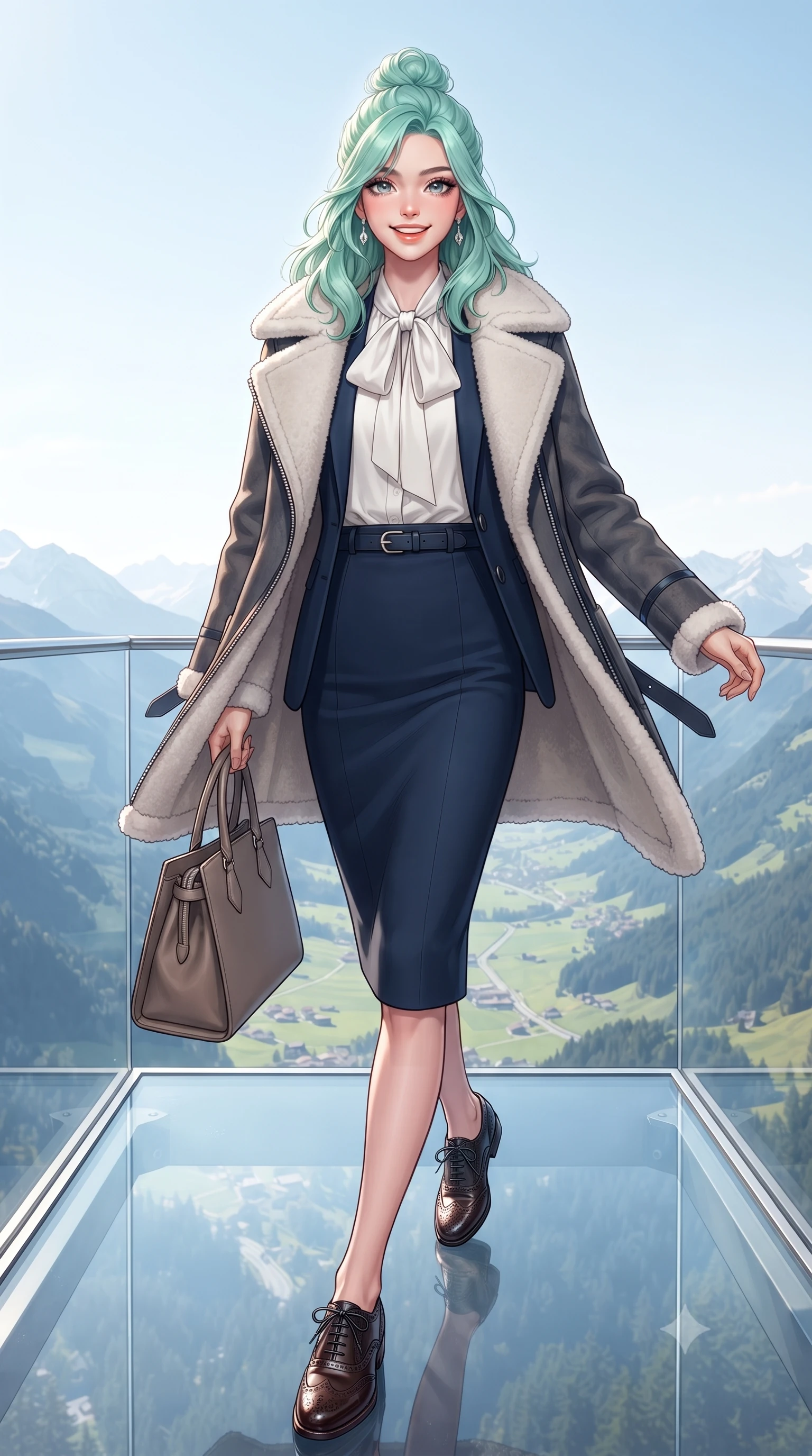 score_9, masterpiece, best quality, ultra-detailed, high-budget anime keyframe, editorial fashion photography, tasteful artistic composition, Japanese woman. low angle full-body shot from head to toe showing her feet, filling the entire 9:16 vertical frame with her statuesque presence, stretching her vertical silhouette. walking briskly with tall supermodel strides, one hand holding her leather bag and the other swinging with energetic charm while standing poised on the heated glass cantilevered viewing deck jutting over the alpine valley, opening her coat slightly with a breathtaking smile. The surrounding environment is rendered in vivid detail and crisp panoramic clarity: detailed suede aviator shearling coat texture, shearling fleece lining, and extreme mountain engineering in razor-sharp precision. She has an exceptionally tall and slender model-like 8.5-heads proportion, an ultra-slim waist, a flat toned midriff, narrow delicate ribcage, and beautifully sculpted feminine hips creating a graceful, slim hourglass silhouette without any bulky heaviness, with impossibly long slender legs. sharp v-shaped jawline, high-bridge nose, intricate jewel-like sparkling eyes with depth, thick eyelashes, glossy parted lips with a natural peach sheen, bright cheerful beaming smile with an enchanting and coquettish sensual glint, exuding both youthful cute charm and seductive allure, flawlessly proportioned anatomical accuracy, strict slender model proportions, natural body alignment, perfectly sculpted long slender limbs, ultra-slim waistline, clean dynamic posture without body distortion. wearing a fluid silk crepe pussy-bow blouse paired with a high-waisted tailored pencil midi skirt and slim leather belt in French navy blue and crisp alabaster white, woven from fine Australian merino wool with a smooth fluid drape and subtle sheen, complemented by classic polished leather oxfords with brogue perforations, the sharp shoulder tailoring and gently nipped waist framing her slender torso with pristine sartorial perfection. illuminated by crisp platinum rim lights and soft fire pit warmth sculpting her cheekbones, narrow waist, and athletic statuesque build. ultra-reflective glossy finish, specular highlights, rich textural contrasts, high-contrast stereoscopic depth, volumetric dynamic lighting, 2k, ultra detail, master piece, 9:16 ratio