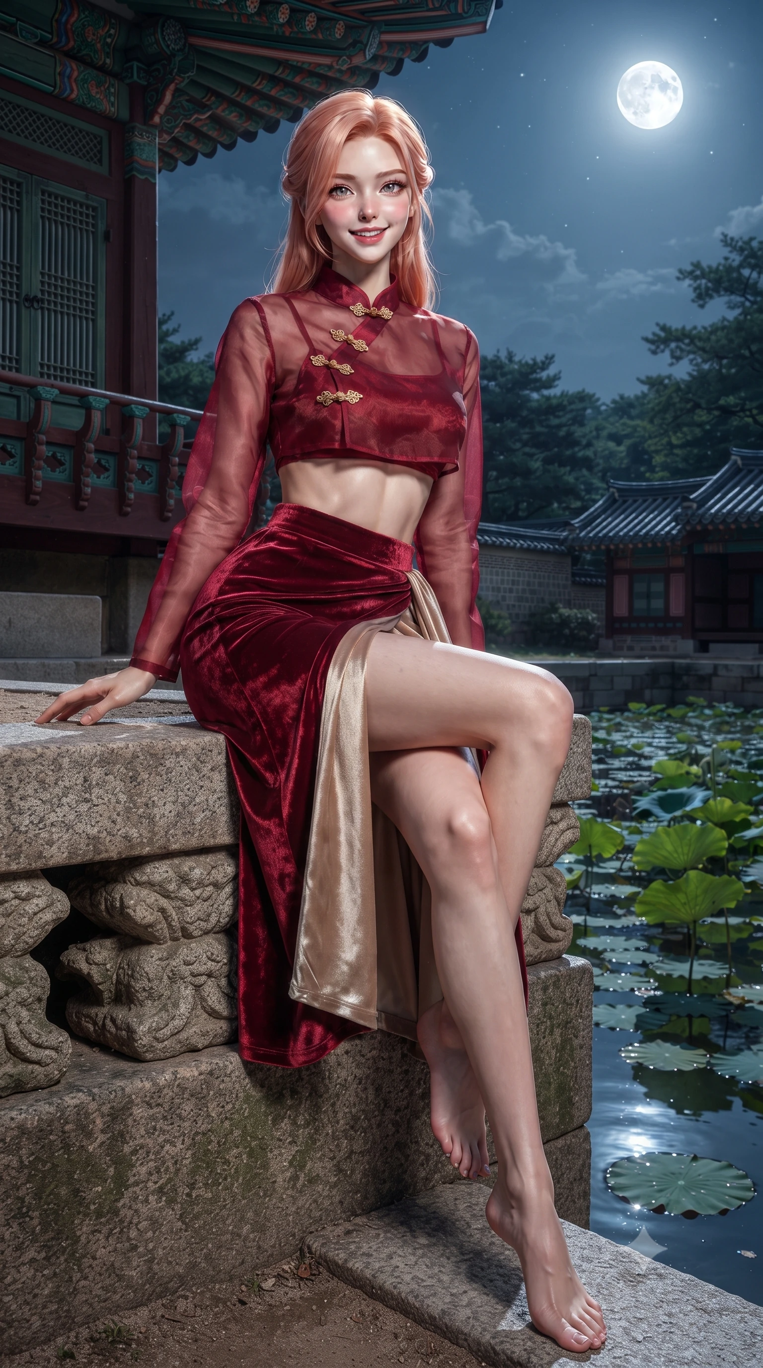 score_9, masterpiece, best quality, ultra-detailed, high-budget anime keyframe, editorial fashion photography, tasteful artistic composition, Japanese woman. low angle full-body shot from head to toe showing her feet, filling the entire 9:16 vertical frame with her statuesque presence, stretching her vertical silhouette. sitting perched on the elevated pavilion terrace edge with legs crossed and hips angled toward the camera, displaying her toned midriff and long slender limbs with joyful, coquettish charm while sitting gracefully on the carved granite terrace of Buyongjeong pavilion above the tranquil lotus pond, arching her back with timeless regal grace under cold moonlight. The surrounding environment is rendered in vivid detail and crisp panoramic clarity: sharp carved granite foundation stones, intricate dancheong mineral paint details, and rippling lotus pond surface tension in deep focus. She has an absolutely perfect, statuesque 8.5-heads proportion, an exceptionally tall and slender model-like female figure with impossibly long slender legs, an ultra-slim waist, a flat toned midriff, narrow delicate ribcage, and beautifully sculpted feminine hips creating a graceful, slim hourglass silhouette without any bulky heaviness. sharp v-shaped jawline, high-bridge nose, intricate jewel-like dark sparkling almond eyes with depth, thick lashes, glossy parted lips with a natural rose-plum sheen, bright alluring and coquettish smile with bedroom-eyes, exuding both timeless oriental elegance and sovereign high-fashion allure, flawlessly proportioned anatomical accuracy, strict slender model proportions, natural body alignment, perfectly sculpted long slender limbs, ultra-slim waistline, clean dynamic posture without body distortion. wearing a cropped semi-sheer silk organza jeogori top paired with an ultra-high-waisted wrapped chima skirt featuring a dramatic thigh-high side slit in royal crimson red and lustrous champagne gold, crafted from sumptuous crushed winter velvet with deep light-absorbing plushness, accented with intricate gold frog buttons and a delicate mandarin collar, the form-contouring cut accentuating her sculpted flat midriff, narrow delicate ribcage, and gracefully curvy hips with regal oriental supermodel elegance. bathed in cold silver moonlight cascading down from a brilliant full moon overhead. ultra-reflective glossy finish, specular highlights, rich textural contrasts, high-contrast stereoscopic depth, volumetric dynamic lighting, 2k, ultra detail, master piece, 9:16 ratio