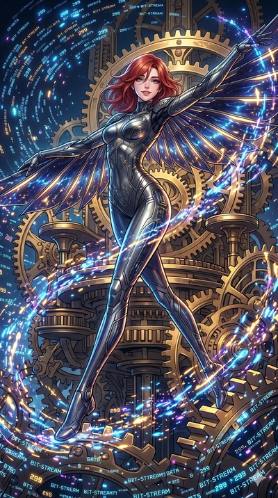 score_9, masterpiece, best quality, ultra-detailed, Set A: High-budget Anime Keyframe, Caucasian (strictly human ears) woman. Upper body close-up from the thighs up, character filling the screen for maximum presence. Dancing through a throne of gears
