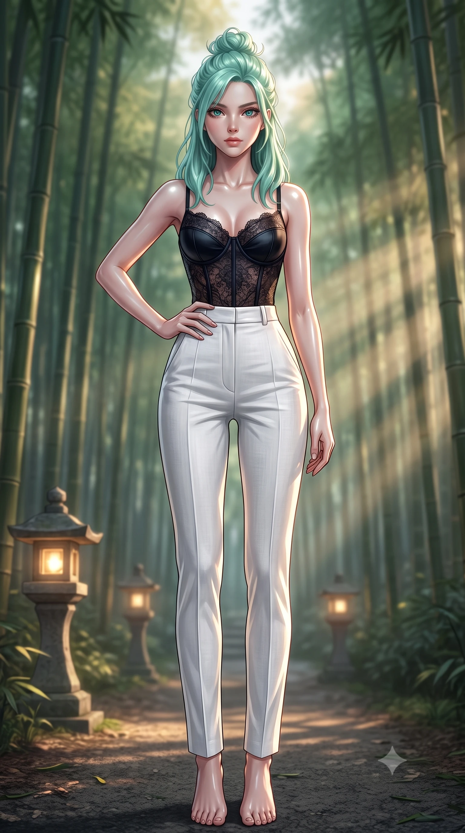score_9, masterpiece, best quality, ultra-detailed, high-budget anime keyframe, editorial fashion photography, tasteful artistic composition, Japanese woman. low angle full-body shot from head to toe showing her feet, filling the entire 9:16 vertical frame with her statuesque presence, stretching her vertical silhouette. posing confidently with one hand on her hip, stretching her statuesque body to emphasize her curves the background shows a soft-focus a secluded bamboo forest path lit by stone lanterns at dawn. She has an absolutely perfect, statuesque 8.5-heads proportion, an exceptionally tall and slender model-like female figure with impossibly long slender legs and an ultra-slim waist. sharp v-shaped jawline, high-bridge nose, intricate jewel-like eyes with depth, thick eyelashes, glossy lips with a natural sheen. wearing a body-hugging delicate lace corset top in black silk, paired with high-waisted white linen trousers. soft morning sunrays slicing through the bamboo stalks, creating volumetric rays. ultra-reflective glossy finish, specular highlights, metallic sheen, high-contrast stereoscopic depth, volumetric dynamic lighting, 2k, ultra detail, master piece, 9:16 ratio