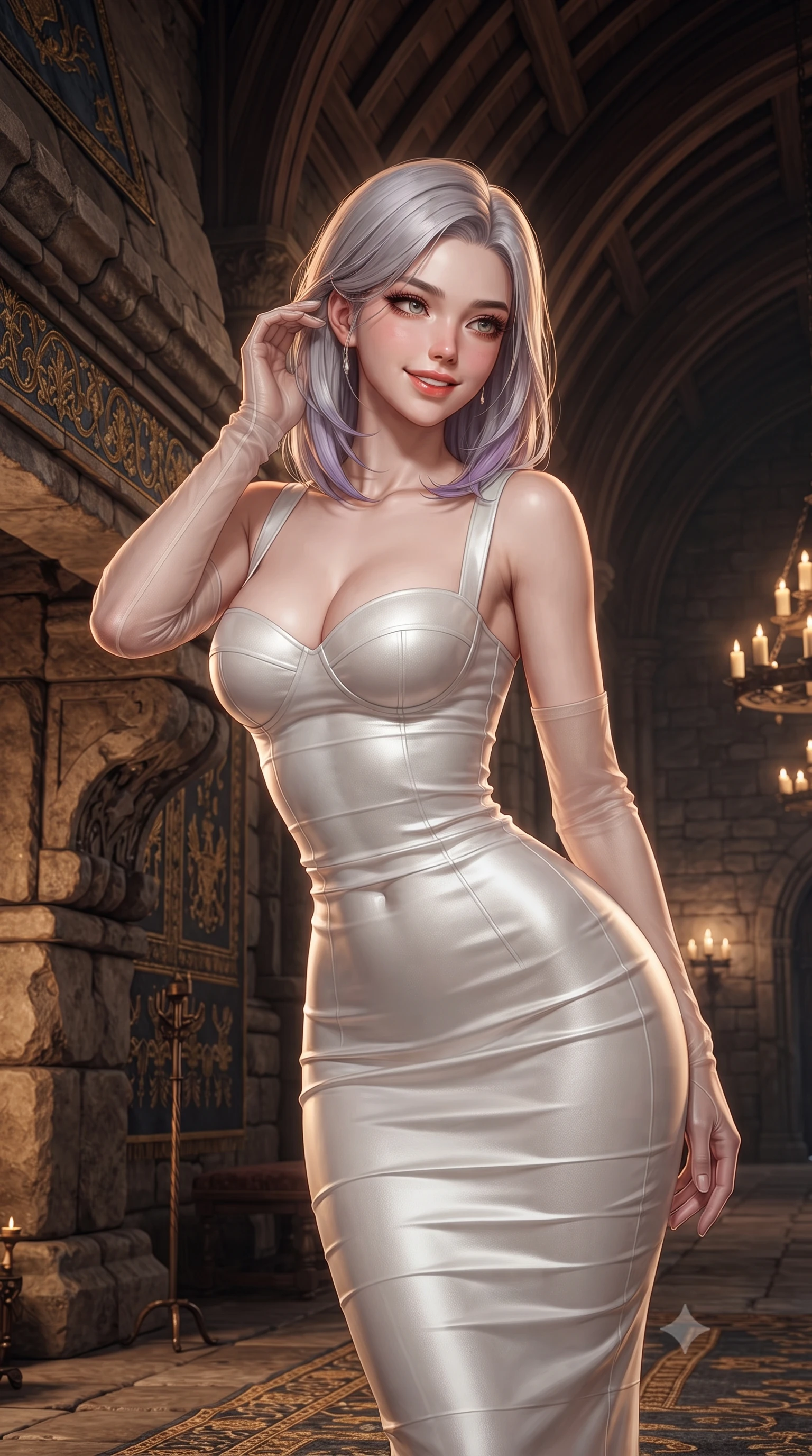 score_9, masterpiece, best quality, ultra-detailed, high-budget anime keyframe, editorial fashion photography, tasteful artistic composition, Caucasian woman. close-up cowboy shot from the waist and thighs up, the character dominates the composition, filling the frame with her large presence. gently brushing a lock of hair behind her ear while casting a playful, flirtatious side-gaze with long eyelashes while standing poised between massive rough-hewn stone fireplace corbels beneath soaring timber barrel vaults, arching her lower back with sovereign supermodel grace as tallow candle chandeliers flicker in the draft. The surrounding environment is rendered in vivid detail and crisp panoramic clarity: detailed fabric weave, gold embroidery accents, and 13th-century Scottish castle relief in razor-sharp precision. She has an exceptionally elegant, slender, and willowy female figure with an ultra-slim waist, flat toned midriff, narrow ribcage, and sculpted feminine hips creating an alluring, slim hourglass silhouette without bulk. sharp v-shaped jawline, high-bridge nose, intricate jewel-like sparkling eyes with depth, thick eyelashes, glossy parted lips with a natural peach sheen, bright cheerful beaming smile with an enchanting and coquettish sensual glint, exuding both youthful cute charm and seductive allure, flawlessly proportioned anatomical accuracy, strict slender model proportions, natural body alignment, perfectly sculpted long slender limbs, ultra-slim waistline, clean dynamic posture without body distortion. wearing a dense bandage knit pencil dress with sweetheart neckline contouring her delicate ribcage and hips in pure translucent crystal white and liquid platinum, crafted from fluid liquid silk satin that clings smoothly to her narrow waist and rounded hips with a dewy sheen, complemented by sheer opera-length evening gloves tracing her slender arms, the form-contouring silhouette accentuating her sculpted flat midriff, narrow delicate ribcage, and gracefully curvy hips with intoxicating allure. illuminated by slate floor reflection bounce and sharp copper-gold rim lights sculpting her razor-sharp jawline, narrow waist, and curvy hips. ultra-reflective glossy finish, specular highlights, rich textural contrasts, high-contrast stereoscopic depth, volumetric dynamic lighting, 2k, ultra detail, master piece, 9:16 ratio