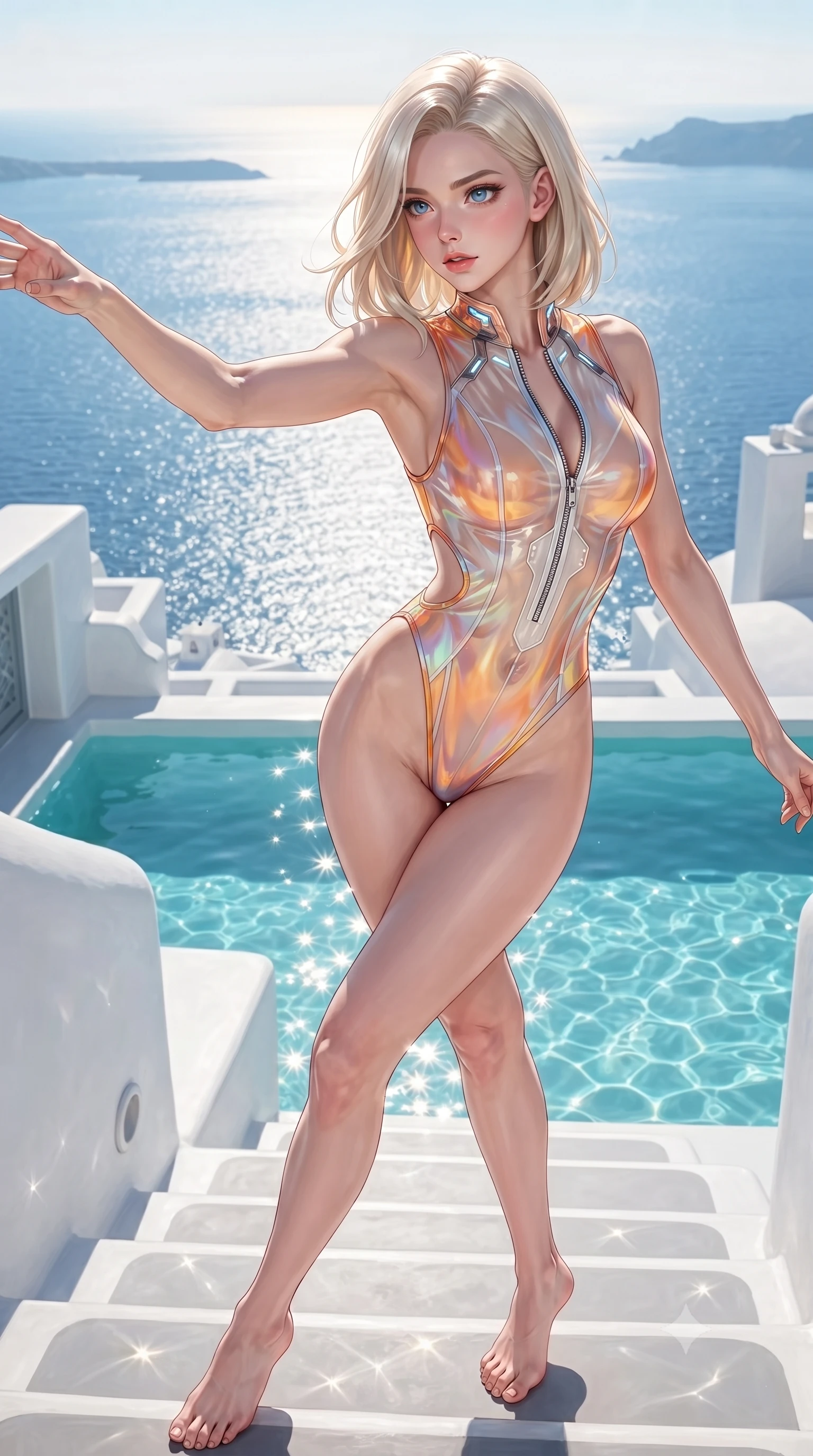 score_9, masterpiece, best quality, ultra-detailed, high-budget anime keyframe, editorial fashion photography, tasteful artistic composition, Caucasian woman. close-up cowboy shot from the waist and thighs up, the character dominates the composition, filling the frame with her large presence. extending one arm gracefully toward the light while her torso arches in a sleek, alluring curve with magnetic intensity while pivoting dynamically on white caldera steps with a breathtaking view of the sparkling sunlit Mediterranean sea. The surrounding environment is rendered in vivid detail and crisp panoramic clarity. crisp white Greek caldera architecture, turquoise water caustics, and endless azure sea horizon in deep focus. She has an exceptionally elegant, slender, and willowy female figure with an ultra-slim waist, a gracefully sculpted slender torso, toned flat midriff, and a refined slim silhouette. sharp v-shaped jawline, high-bridge nose, intricate jewel-like eyes with depth, thick eyelashes, glossy lips with a natural sheen, flawlessly proportioned anatomical accuracy, strict slender model proportions, natural body alignment, perfectly sculpted long slender limbs, ultra-slim waistline, clean dynamic posture without body distortion. wearing a high-cut translucent vinyl leotard with front paneling, exposed side-rib cutouts, and an open back in vivid sunset amber orange and cloud white, made of smooth iridescent silk chiffon that shifts colors with movement, featuring a dangerously unzipped neckline framed by glowing cybernetic accents, the sleek second-skin cut tightly hugging her graceful clavicle, narrow waist, and feminine curves with athletic precision. bathed in brilliant Mediterranean sunlight and glittering turquoise pool water caustics. ultra-reflective glossy finish, specular highlights, metallic sheen, high-contrast stereoscopic depth, volumetric dynamic lighting, 2k, ultra detail, master piece, 9:16 ratio