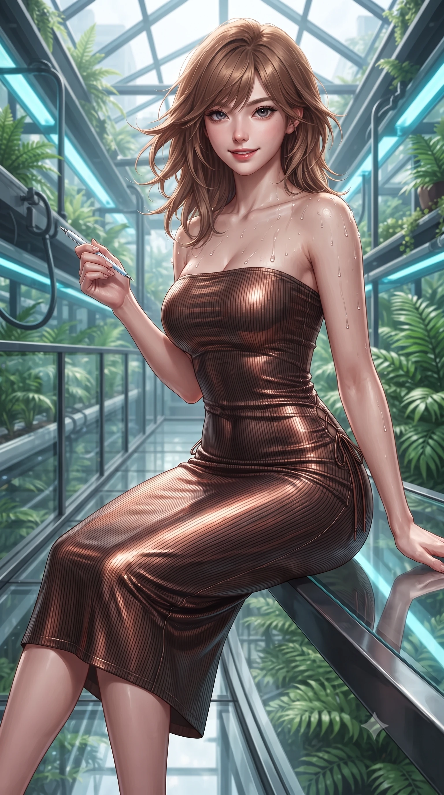 score_9, masterpiece, best quality, ultra-detailed, high-budget anime keyframe, editorial fashion photography, tasteful artistic composition, Korean woman. close-up cowboy shot from the waist and thighs up, the character dominates the composition, filling the frame with her large presence. turning slowly with an enchanting smoldering smile, her glossy hair tossing in the breeze as her hips angle gracefully in a captivating contrapposto while perched sideways on the glass bridge curb with legs extended gracefully, holding an illuminated data stylus with effortless cool. The surrounding environment is rendered in vivid detail and crisp panoramic clarity: sharp hydroponic planter drip tubes, structural glass bridge panels, and lush tropical fern leaf veins in deep focus. She has an exceptionally elegant, slender, and willowy female figure with an ultra-slim waist, flat toned midriff, narrow ribcage, and sculpted feminine hips creating an alluring, slim hourglass silhouette without bulk. sharp v-shaped jawline, high-bridge nose, sparkling eyes with hypnotic seductive depth, thick curled eyelashes, glossy parted lips with a natural dewy peach sheen, alluring bedroom-eyes with an enchanting coquettish smile, exuding magnetic siren charisma and sophisticated glamour, flawlessly proportioned anatomical accuracy, strict slender model proportions, natural body alignment, perfectly sculpted long slender limbs, ultra-slim waistline, clean dynamic posture without body distortion. wearing a form-contouring ribbed knit tube dress with subtle side-lace ties tracing the curve of her hips in sultry espresso bronze and metallic copper, crafted from wet-look high-gloss vinyl fabric with dazzling specular surface reflections, finished with glistening drops of pool water beading across her sculpted shoulders and collarbones, the glove-like clinging cut tightly following the natural contour of her hips and long slender legs with youthful 8.5-heads elegance. illuminated by glass floor reflection fill and sharp electric-cyan rim lights defining her delicate clavicles, ultra-slim waist, and curvy hips. ultra-reflective glossy finish, specular highlights, rich textural contrasts, high-contrast stereoscopic depth, volumetric dynamic lighting, 2k, ultra detail, master piece, 9:16 ratio