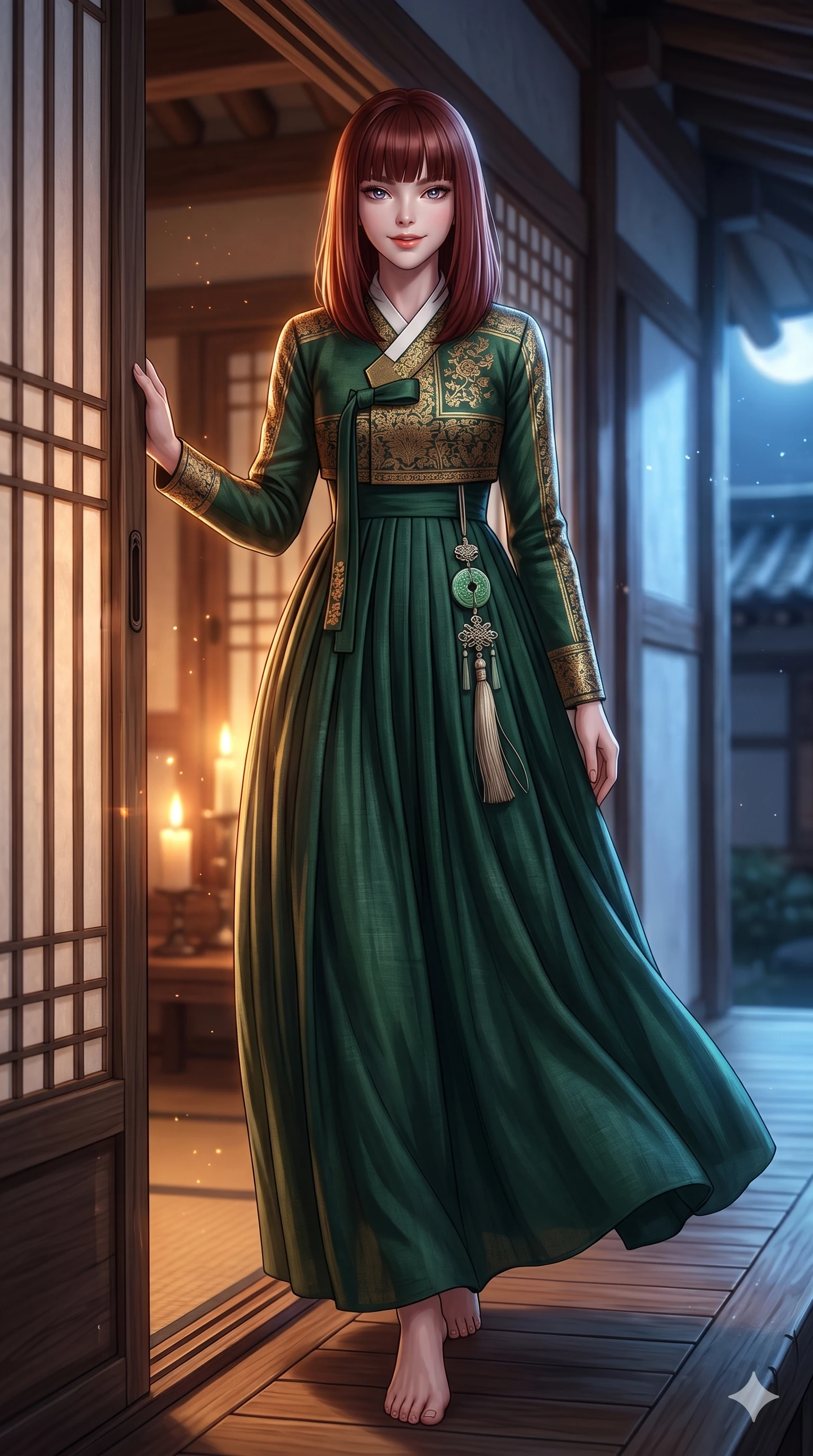 score_9, masterpiece, best quality, ultra-detailed, high-budget anime keyframe, semi-realistic 3D game render, editorial fashion photography, tasteful artistic composition, Caucasian woman. low angle full-body shot from head to toe showing her feet, filling the entire 9:16 vertical frame with her statuesque presence, stretching her vertical silhouette. stepping slowly toward the camera with hypnotic grace, hips swaying in an alluring sensual rhythm that accentuates her curvy hourglass silhouette and long slender legs while twisting her slender torso in an alluring contrapposto pose beside the sliding rice-paper door, warm candlelight silhouette outlining her curves. The background shows a soft-focus intimate Korean veranda room softened in warm candlelight shallow focus. She has an absolutely perfect, statuesque 8.5-heads proportion, an exceptionally tall and slender model-like female figure with impossibly long slender legs, an ultra-slim waist, a flat toned midriff, narrow delicate ribcage, and beautifully sculpted feminine hips creating a graceful, slim hourglass silhouette without any bulky heaviness. sharp v-shaped jawline, high-bridge nose, sparkling eyes with hypnotic seductive depth, thick curled eyelashes, glossy parted lips with a natural dewy peach sheen, alluring bedroom-eyes with an enchanting coquettish smile, exuding magnetic siren charisma and sophisticated glamour, flawlessly proportioned anatomical accuracy, strict slender model proportions, natural body alignment, perfectly sculpted long slender limbs, ultra-slim waistline, clean dynamic posture without body distortion. wearing an elegant long-sleeve embroidered silk chima gown with a structured jeogori bodice and graceful pleated drape in dark emerald forest and brushed antique gold, woven from bespoke Korean ramie fabric with crisp tactile slub texture, finished with authentic carved jade pendants and traditional norigae knots, the impeccably tailored cut draping gracefully along her slender figure with aristocratic eastern poise. bathed in warm golden candlelight glowing from within the interior room mixed with cool moonlight fill. highly saturated vibrant anime colors, detailed shading with soft gradients, rich glossy textures, high-contrast stereoscopic depth, volumetric dynamic lighting, master piece, 9:16 ratio
