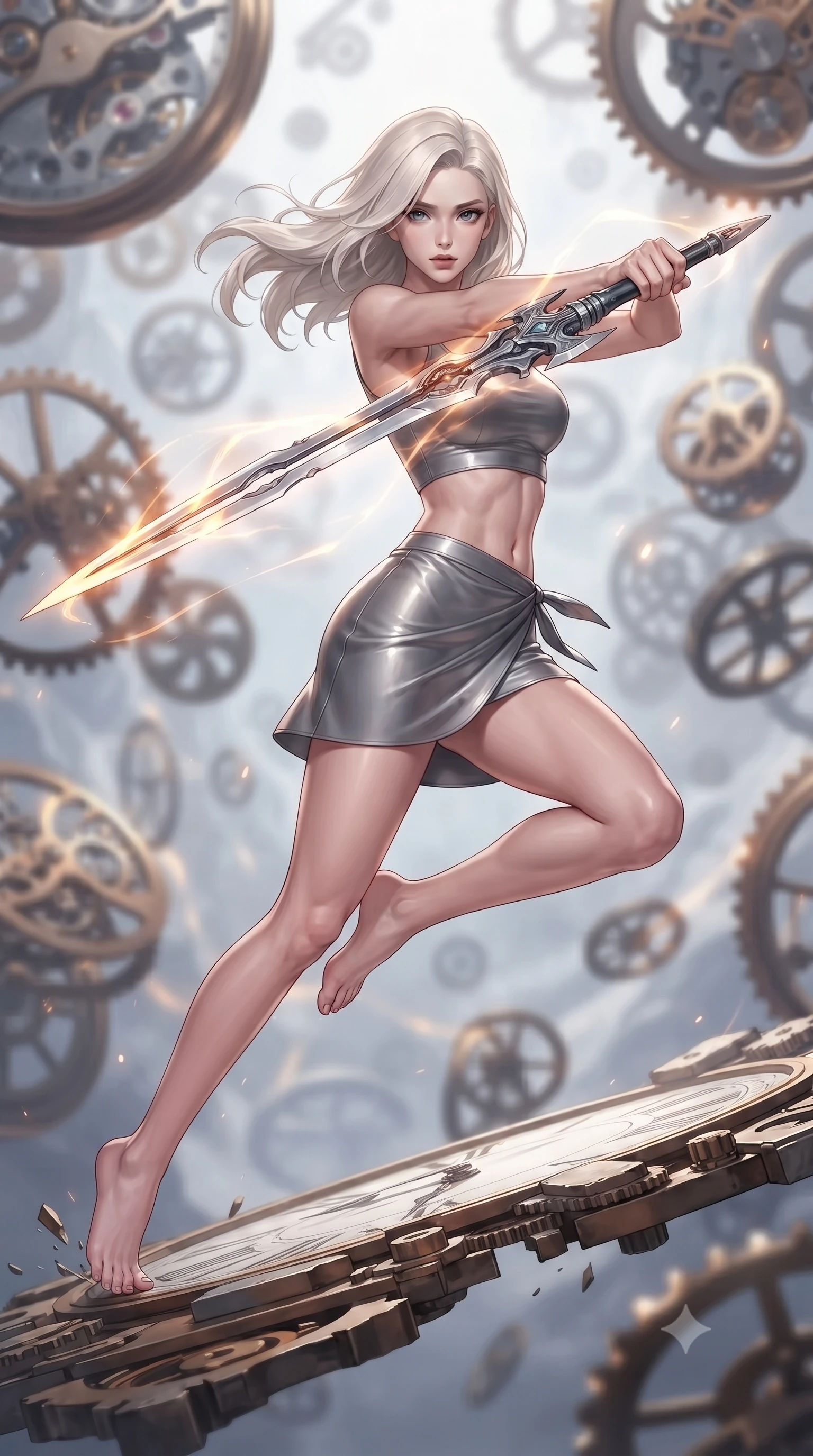 score_9, masterpiece, best quality, ultra-detailed, high-budget anime keyframe, editorial fashion photography, tasteful artistic composition, Caucasian woman. low angle full-body shot from head to toe showing her feet, filling the entire 9:16 vertical frame with her statuesque presence, stretching her vertical silhouette. leaping forward while slashing with a twin-bladed plasma sword in mid-air, her body-contouring suit showing her athletic silhouette, the background shows a soft-focus an unstable clockwork bridge suspended in a pocket dimension of floating watch gears. She has an absolutely perfect, statuesque 8.5-heads proportion, an exceptionally tall and slender model-like female figure with impossibly long slender legs and an ultra-slim waist. sharp v-shaped jawline, high-bridge nose, intricate jewel-like eyes with depth, thick eyelashes, glossy lips with a natural sheen. wearing a slim-fit summer-combat crop top and wrap skirt set in carbon-grey, showing her delicately sculpted midriff. rhythmic pulses of amber chrono-energy waves casting a slow, warm glow. ultra-reflective glossy finish, specular highlights, metallic sheen, high-contrast stereoscopic depth, volumetric dynamic lighting, 2k, ultra detail, master piece, 9:16 ratio