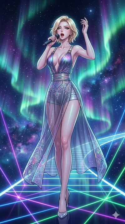 score_9, masterpiece, best quality, ultra-detailed, high-budget anime movie keyframe, cinematic anime lighting, intricate line art, Korean woman. Dynamic full-body shot stretching the vertical silhouette across the 9:16 frame. singing on a laser stag