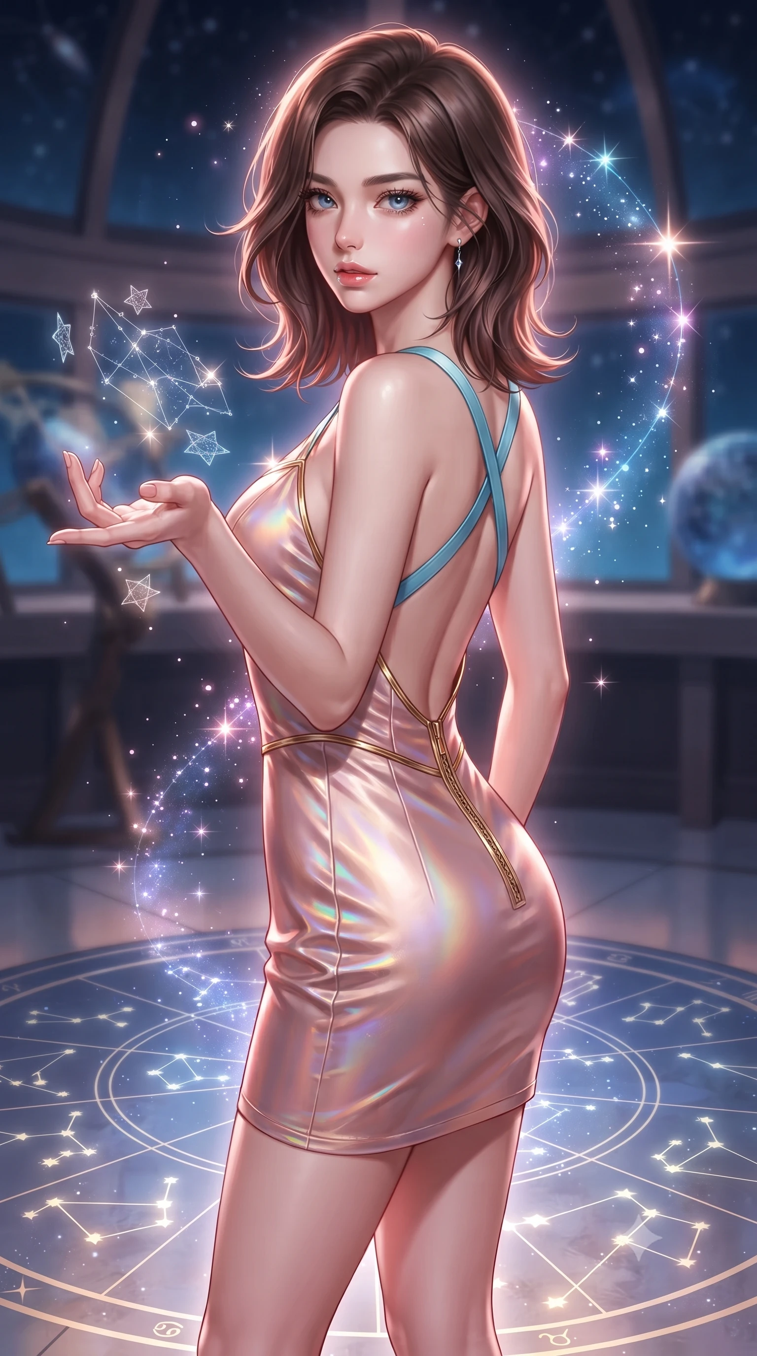 score_9, masterpiece, best quality, ultra-detailed, high-budget anime keyframe, editorial fashion photography, tasteful artistic composition, Korean woman. close-up cowboy shot from the waist and thighs up, the character dominates the composition, filling the frame with her large presence, background elements kept in soft focus. Reaching one hand toward the viewer with relaxed elegance, poised on a zodiac constellation floor illuminated by glowing star maps, translucent star charts floating around her fingertips. She has an exceptionally elegant, slender, and willowy female figure with an ultra-slim waist, a gracefully sculpted slender torso, and a refined silhouette. sharp v-shaped jawline, high-bridge nose, intricate jewel-like eyes with depth, thick eyelashes, glossy lips with a natural sheen. wearing dramatically scooped backless rose-gold satin mini dress with criss-cross straps in sky blue turquoise, made of iridescent hologram organza, finished with metallic gold boning and sleek zipper points, highlighting her statuesque proportions and ultra-slim waistline. surrounded by a glowing starlight aura with sharp specular highlights. highly saturated vibrant anime colors, detailed shading with soft gradients, rich glossy textures, high-contrast stereoscopic depth, volumetric dynamic lighting, master piece, 9:16 ratio