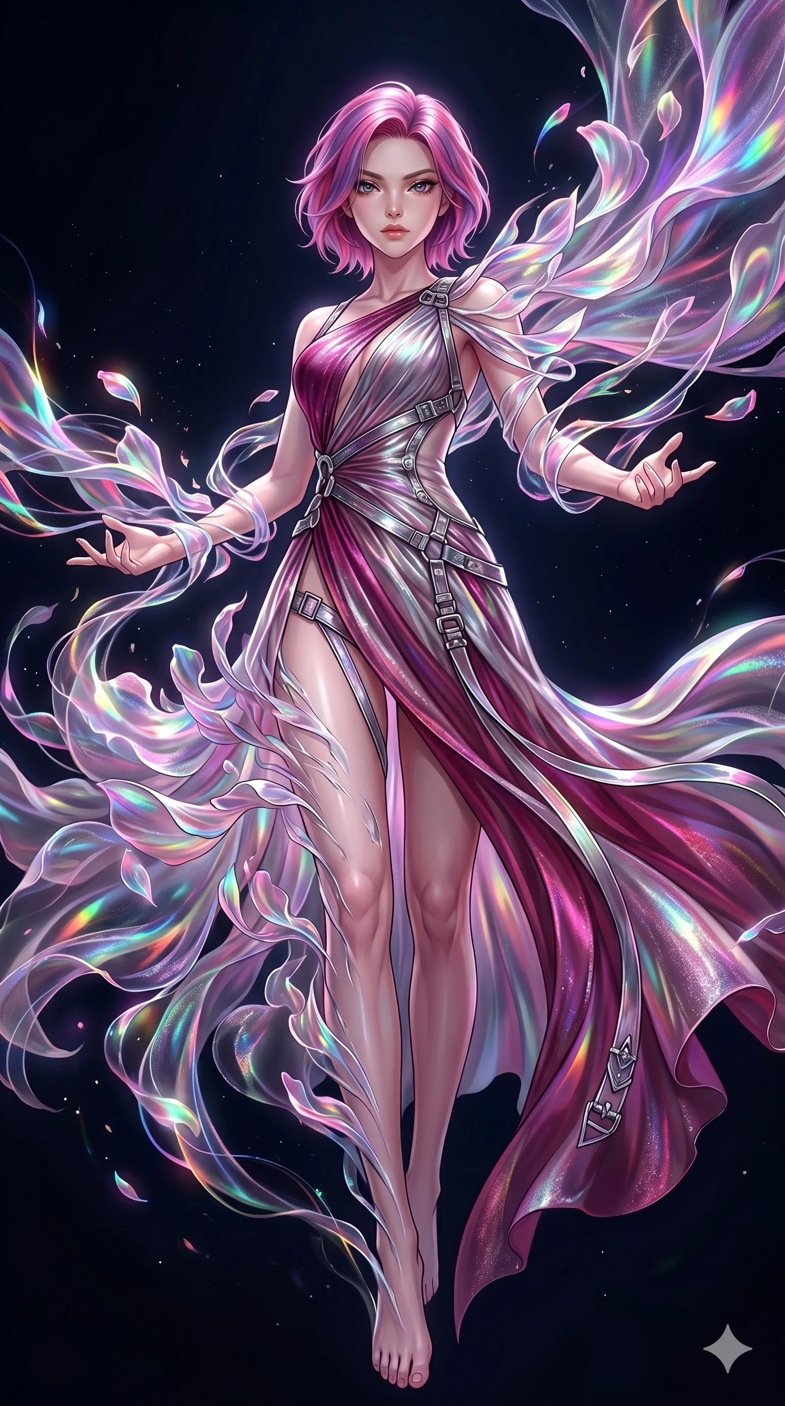 score_9, masterpiece, best quality, ultra-detailed, High-budget Anime Keyframe, East Asian woman. Low angle cowboy shot filling the entire 9:16 frame with her statuesque presence. Scenario 71: Dissolving into a cloud of iridescent silk petals in a void. Her presence is magnetic and overpowering in this high-budget anime scene. Outfit 71: A shimmering chiffon dangerous with a thigh-high slit and metallic buckles. The clothing is designed to emphasize her exceptionally tall and slender 8-heads proportion. 8-heads proportion, towering silhouette, ultra-slim waist. sharp v-shaped jawline, intricate jewel-like eyes with depth, thick eyelashes, glossy lips. 2k, ultra detail, master piece, 9:16 ratio