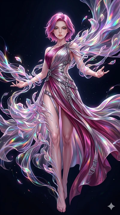score_9, masterpiece, best quality, ultra-detailed, High-budget Anime Keyframe, East Asian woman. Low angle cowboy shot filling the entire 9:16 frame with her statuesque presence. Scenario 71: Dissolving into a cloud of iridescent silk petals in a vo