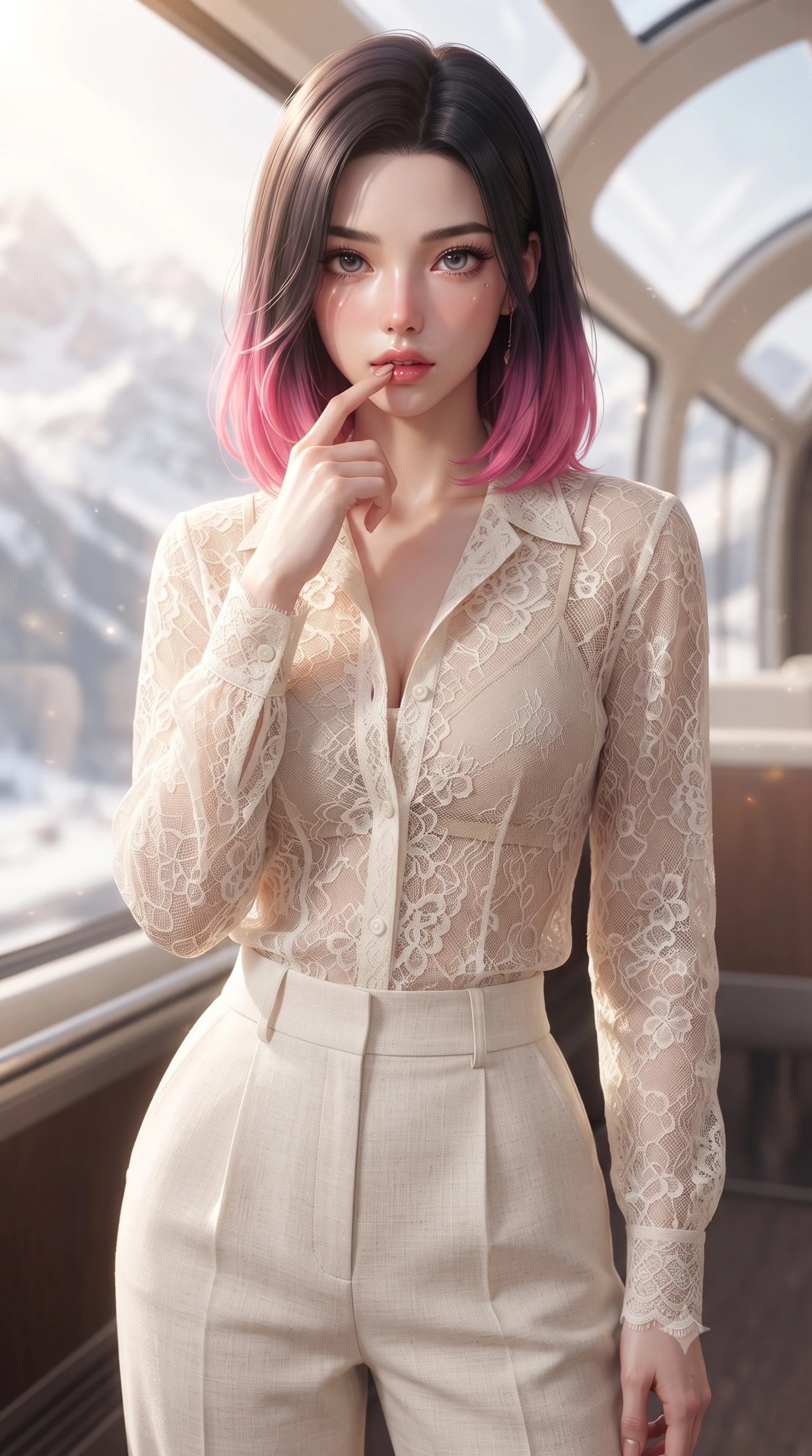 score_9, masterpiece, best quality, ultra-detailed, high-budget anime keyframe, editorial fashion photography, tasteful artistic composition, Korean woman. close-up cowboy shot from the waist and thighs up, the character dominates the composition, filling the frame with her large presence, background elements kept in soft focus. pressing one finger to her bottom lip in a thoughtful, seductive gesture under the warm sun the background shows a soft-focus the curved glass lounge of a luxury train winding through snowy mountain peaks. She has an exceptionally elegant, slender, and willowy female figure with an ultra-slim waist, a gracefully sculpted slender torso, and a refined silhouette. sharp v-shaped jawline, high-bridge nose, intricate jewel-like eyes with depth, thick eyelashes, glossy lips with a natural sheen. wearing a tailored sheer lace blouse in ivory white, worn over a simple beige bralette and high-waisted linen trousers. bright morning alpine sunbeams filtering through the panorama window glass. ultra-reflective glossy finish, specular highlights, metallic sheen, high-contrast stereoscopic depth, volumetric dynamic lighting, 2k, ultra detail, master piece, 9:16 ratio