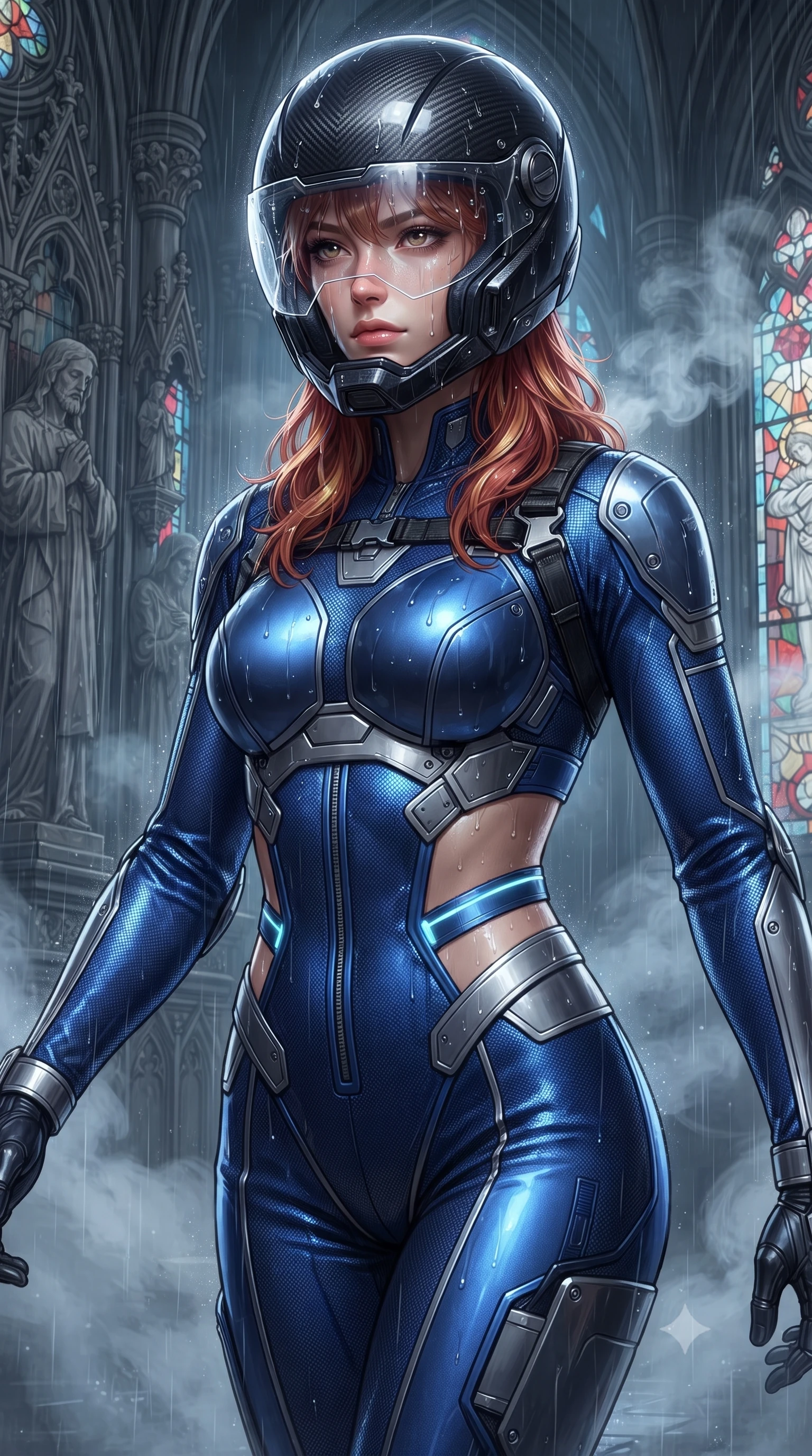 score_9, masterpiece, best quality, ultra-detailed, high-budget anime keyframe, editorial fashion photography, tasteful artistic composition, Caucasian woman. close-up cowboy shot from the waist and thighs up, the character dominates the composition, filling the frame with her large presence. tilting her head slightly with solemn warrior composure, sweat and rain glistening on her sculpted collarbones and high-bridge nose while striding forward through drifting incense and cordite smoke with fierce, regal warrior composure. The surrounding environment is rendered in vivid detail and crisp panoramic clarity. detailed saint statue reliefs, rain-streaked stained glass borders, and armor joint mesh in high clarity. She has an exceptionally elegant, slender, and willowy female figure with an ultra-slim waist, a gracefully sculpted slender torso, toned flat midriff, and a refined slim silhouette. sharp v-shaped jawline, high-bridge nose, intricate jewel-like eyes with depth, thick eyelashes, glossy lips with a natural sheen, fierce and resolute heroine expression, flawlessly proportioned anatomical accuracy, strict slender model proportions, natural body alignment, perfectly sculpted long slender limbs, ultra-slim waistline, clean dynamic posture without body distortion. wearing an open-face aerodynamic carbon-fiber combat helmet with a retracted transparent holographic HUD visor framing her sharp jawline and jewel-like eyes, paired with a tailored tactical combat jumpsuit with an open-back harness design, reinforced composite breastplate, and high-mobility elbow dampers in electric cobalt blue carbon with brushed platinum tactical trim, tailored from flexible second-skin ballistic carbon-mesh adhering flawlessly to her athletic build, reinforced by a heavy-duty titanium tactical harness and glowing micro-energy status straps, the precision-cut daring openings accentuating her delicate midriff, graceful bare collarbones, and ultra-slim feminine waistline. illuminated by crisp directional key light defining her razor-sharp jawline, eyes, and ultra-slim waist. ultra-reflective glossy finish, specular highlights, dark metallic sheen, high-contrast stereoscopic depth, volumetric dynamic lighting, 2k, ultra detail, master piece, 9:16 ratio