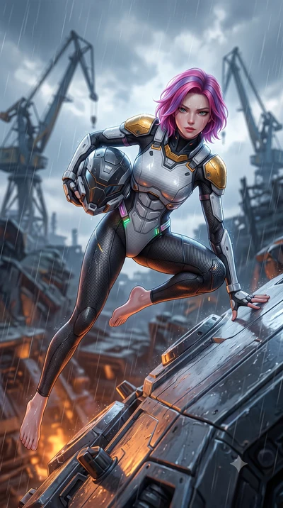 score_9, masterpiece, best quality, ultra-detailed, high-budget anime keyframe, semi-realistic 3D game render, editorial fashion photography, tasteful artistic composition, Caucasian woman. low angle full-body shot from head to toe showing her feet, 