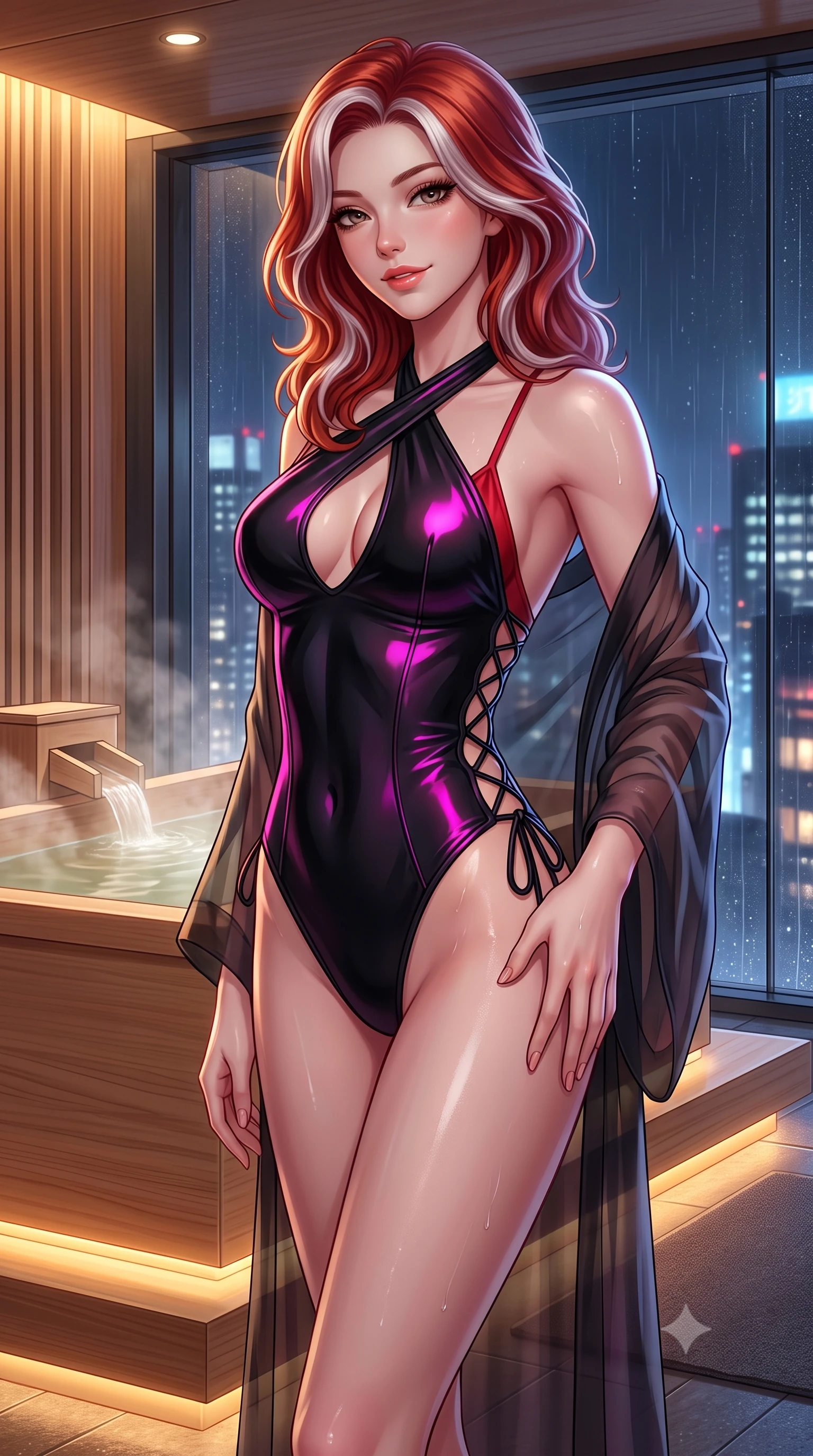 score_9, masterpiece, best quality, ultra-detailed, high-budget anime keyframe, semi-realistic 3D game render, editorial fashion photography, tasteful artistic composition, Caucasian woman. close-up cowboy shot from the waist and thighs up, the character dominates the composition, filling the frame with her large presence. tilting her head with a teasing half-smile, running one hand slowly down the side of her hip in a flirtatious S-curve as ambient light caresses her silhouette while standing beside the steaming hinoki tub with hips cocked back, looking out through frameless glass at the rainy Ginza skyline with bedroom-eyes. The surrounding environment is rendered in vivid detail and crisp panoramic clarity: detailed sheer silk chiffon kimono robe slipping off bare shoulders, red silk camisole cling, and bespoke interior craft in high resolution. She has an exceptionally elegant, slender, and willowy female figure with an ultra-slim waist, flat toned midriff, narrow ribcage, and sculpted feminine hips creating an alluring, slim hourglass silhouette without bulk. sharp v-shaped jawline, high-bridge nose, sparkling eyes with hypnotic seductive depth, thick curled eyelashes, glossy parted lips with a natural dewy peach sheen, alluring bedroom-eyes with an enchanting coquettish smile, exuding magnetic siren charisma and sophisticated glamour, flawlessly proportioned anatomical accuracy, strict slender model proportions, natural body alignment, perfectly sculpted long slender limbs, ultra-slim waistline, clean dynamic posture without body distortion. wearing a criss-cross halterneck keyhole bodysuit with open back and sculpted waist darts in wet-look onyx black with electric magenta reflections, tailored from fine structural neoprene with crisp architectural edges and smooth contouring, featuring fine criss-cross lace-up side ties revealing tantalizing glimpses of her hip curve, the glove-like clinging cut tightly following the natural contour of her hips and long slender legs with youthful 8.5-heads elegance. bathed in soft 2700K concealed warm LED cove lighting glowing beneath the floating hinoki platform. highly saturated vibrant anime colors, detailed shading with soft gradients, rich glossy textures, high-contrast stereoscopic depth, volumetric dynamic lighting, master piece, 9:16 ratio