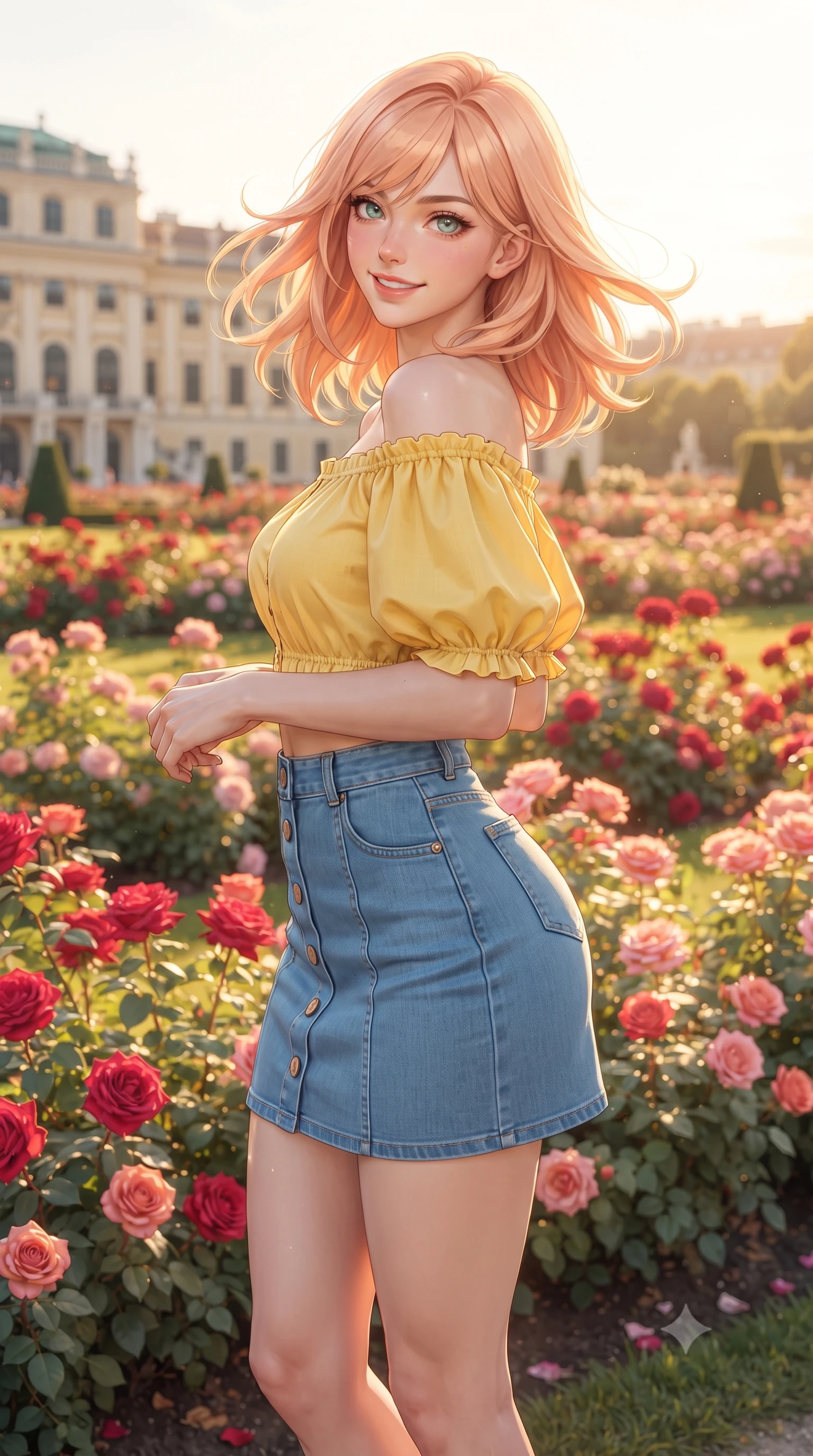 score_9, masterpiece, best quality, ultra-detailed, high-budget anime keyframe, editorial fashion photography, tasteful artistic composition, Japanese woman. close-up cowboy shot from the waist and thighs up, the character dominates the composition, filling the frame with her large presence. turning playfully with a bright confident smile, her glossy hair tossing in the breeze as her hips angle gracefully in a captivating contrapposto while standing gracefully among thousands of blooming red and pink rose bushes, arching her back with a bright, aristocratic cute smile. The surrounding environment is rendered in vivid detail and crisp panoramic clarity. detailed silk dress weave, soft sunlight specular sheen on skin, and Vienna palace architecture in high clarity. She has an exceptionally elegant, slender, and willowy female figure with an ultra-slim waist, flat toned midriff, narrow ribcage, and sculpted feminine hips creating an alluring, slim hourglass silhouette without bulk. sharp v-shaped jawline, high-bridge nose, intricate jewel-like sparkling eyes with depth, thick eyelashes, glossy parted lips with a natural peach sheen, bright cheerful beaming smile with an enchanting and coquettish sensual glint, exuding both youthful cute charm and seductive allure, flawlessly proportioned anatomical accuracy, strict slender model proportions, natural body alignment, perfectly sculpted long slender limbs, ultra-slim waistline, clean dynamic posture without body distortion. wearing an off-shoulder puff-sleeve crop blouse with a tight high-waisted denim A-line mini skirt emphasizing her curvy hips in sunny daffodil yellow and clear sky blue, tailored from crisp cotton poplin with clean structural lines, finished with neat front wooden buttons and delicate pocket details, the glove-like silhouette tightly following the natural contour of her hips and long slender legs with youthful 8.5-heads elegance. bathed in glorious golden hour Austrian afternoon sunlight streaming across the formal gardens. ultra-reflective glossy finish, specular highlights, rich textural contrasts, high-contrast stereoscopic depth, volumetric dynamic lighting, 2k, ultra detail, master piece, 9:16 ratio