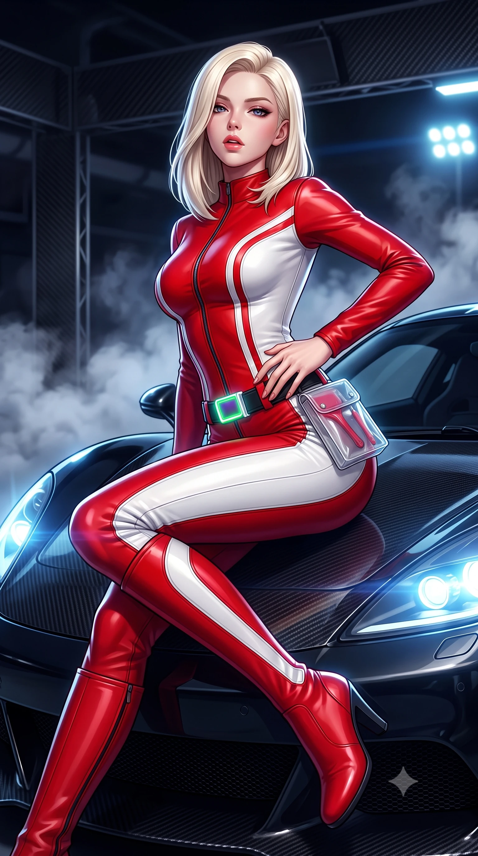 score_9, masterpiece, best quality, ultra-detailed, high-budget anime keyframe, semi-realistic 3D game render, editorial fashion photography, tasteful artistic composition, Caucasian woman. close-up cowboy shot from the waist and thighs up, the character dominates the composition, filling the frame with her large presence. arching her spine in an alluring serpentine S-curve, one hand resting on her waist with parted glossy lips and an intensely magnetic gaze while sitting poised on the glossy carbon-fiber hood of a midnight hypercar, one leg extended and torso angled back with seductive confidence. The composition keeps background elements in soft focus with creamy bokeh. drifting tire smoke sheets and carbon-fiber garage gantries softened in moody shallow focus. She has an exceptionally elegant, slender, and willowy female figure with an ultra-slim waist, a gracefully sculpted slender torso, toned flat midriff, and a refined slim silhouette. sharp v-shaped jawline, high-bridge nose, intricate jewel-like eyes with depth, thick eyelashes, glossy parted lips with a natural sheen, intensely captivating and seductive expression, flawlessly proportioned anatomical accuracy, strict slender model proportions, natural body alignment, perfectly sculpted long slender limbs, ultra-slim waistline, clean dynamic posture without body distortion. wearing a second-skin motocore bodysuit with bold racing stripes and ergonomic aerodynamic knee-high boots in bright racing scarlet red and glossy white, tailored from supple second-skin lambskin leather adhering to her curves, complemented by a neon LED belt buckle and translucent vinyl tool pouch, the athletic second-skin cut highlighting her toned flat midriff and slender model proportions during dynamic action. bathed in high-intensity xenon hypercar headlights and neon pitlane floodlights. highly saturated vibrant anime colors, detailed shading with soft gradients, rich glossy textures, high-contrast stereoscopic depth, volumetric dynamic lighting, master piece, 9:16 ratio