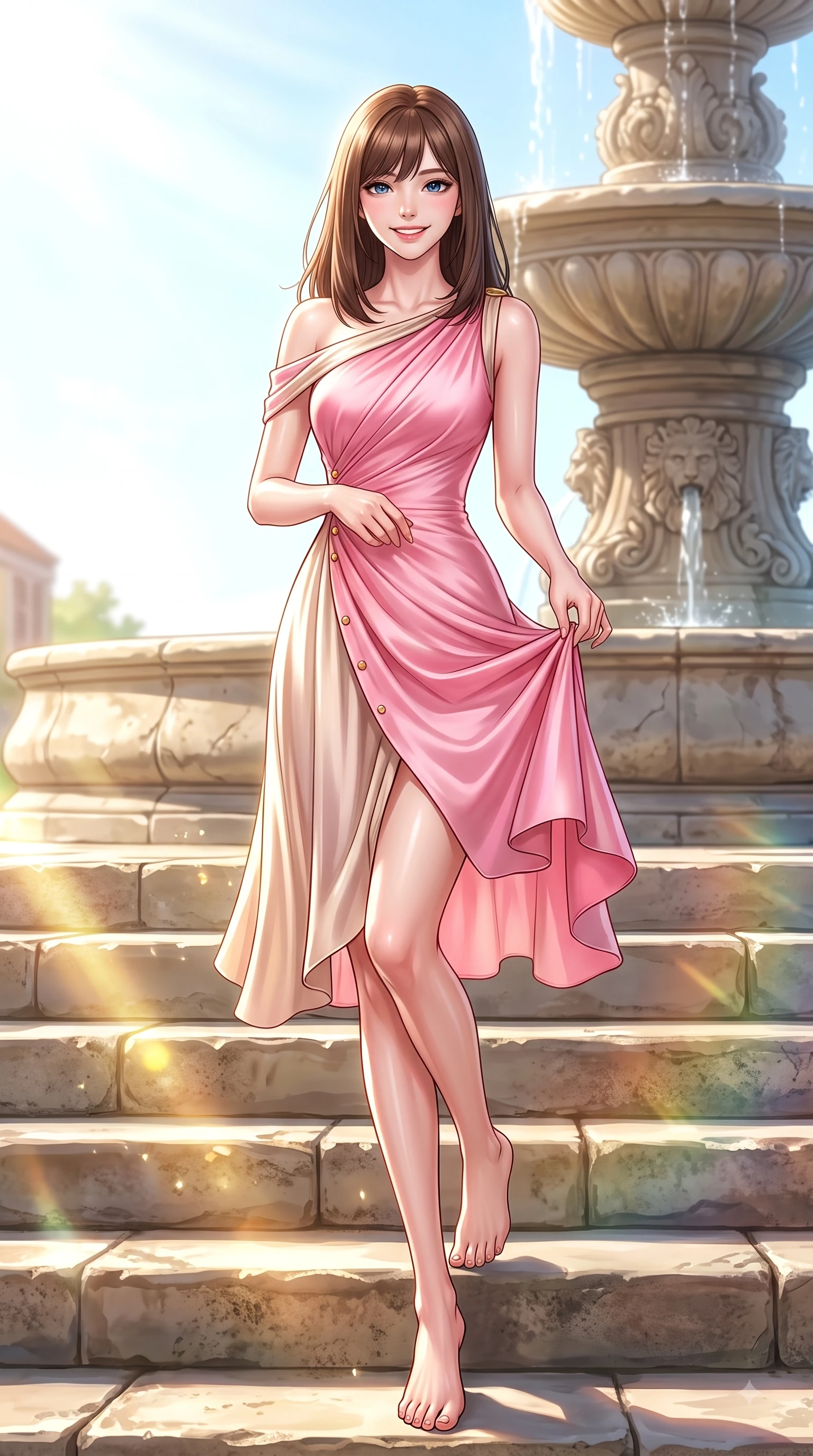 score_9, masterpiece, best quality, ultra-detailed, high-budget anime keyframe, editorial fashion photography, tasteful artistic composition, Korean woman. low angle full-body shot from head to toe showing her feet, filling the entire 9:16 vertical frame with her statuesque presence, stretching her vertical silhouette. pivoting dynamically with a fresh infectious smile, her ultra-slim waist creating a sweeping fluid curve while resting near a grand campus stone fountain with a sweet, radiant expression in her eyes. The surrounding environment is rendered in vivid detail and crisp panoramic clarity. bright spring sunbeams illuminating campus stone steps with clear environmental sharpness. She has an absolutely perfect, statuesque 8.5-heads proportion, an exceptionally tall and slender model-like female figure with impossibly long slender legs and an ultra-slim waist. sharp v-shaped jawline, high-bridge nose, intricate jewel-like eyes with depth, thick eyelashes, glossy lips with a natural sheen, flawlessly proportioned anatomical accuracy, natural body alignment, perfectly sculpted elegant limbs, clean dynamic posture without body distortion. wearing an asymmetrical draped chiffon midi dress with a sleek shoulder accent in bright cherry blossom pink and champagne, crafted from smooth liquid silk satin, adorned with delicate gold buttons along the front, the elegant draped fit framing her graceful clavicle and slender torso. illuminated by warm golden sunbursts and bright clear sky refractions. highly saturated vibrant anime colors, detailed shading with soft gradients, rich glossy textures, high-contrast stereoscopic depth, volumetric dynamic lighting, master piece, 9:16 ratio