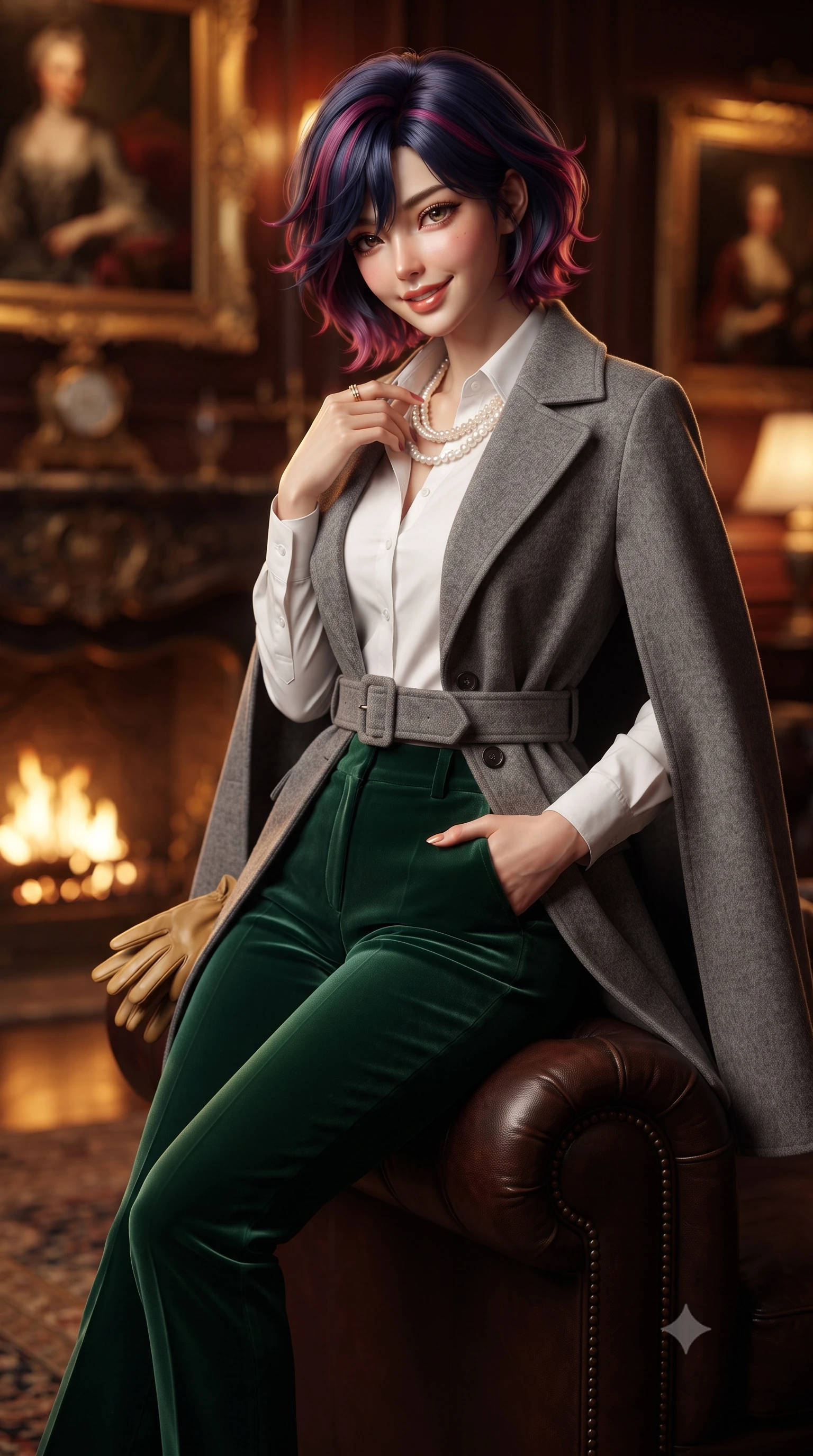 score_9, masterpiece, best quality, ultra-detailed, high-budget anime keyframe, editorial fashion photography, tasteful artistic composition, Korean woman. close-up cowboy shot from the waist and thighs up, the character dominates the composition, filling the frame with her large presence. standing poised with one hand slipped into her tailored trouser pocket, head tilted in a friendly, engaging expression while perched sideways on the arm of the leather sofa, one hand toyed playfully with her pearl necklace as she glances toward the viewer. The background shows a soft-focus flickering golden firelight from ornate hearth, oil paintings in gilded rococo frames, and rich wood wall paneling blurred into mahogany, crimson, and gold bokeh. She has an exceptionally elegant, slender, and willowy female figure with an ultra-slim waist, flat toned midriff, narrow ribcage, and sculpted feminine hips creating an alluring, slim hourglass silhouette without bulk. sharp v-shaped jawline, high-bridge nose, intricate jewel-like sparkling eyes with depth, thick eyelashes, glossy parted lips with a natural peach sheen, bright cheerful beaming smile with an enchanting and coquettish sensual glint, exuding both youthful cute charm and seductive allure, flawlessly proportioned anatomical accuracy, strict slender model proportions, natural body alignment, perfectly sculpted long slender limbs, ultra-slim waistline, clean dynamic posture without body distortion. wearing an elegant tailored cape coat in brushed wool worn over a crisp white cotton shirt and tailored cigarette pants in St. Moritz pine forest emerald and heather grey, crafted from rich cotton velvet with deep light-absorbing pile and soft gradients, complemented by buttery leather gloves held delicately in one manicured hand, the structured cinched belt emphasizing her narrow waistline and gracefully balanced proportions with timeless haute-couture polish. illuminated by dark wood paneling reflection bounce and warm amber rim lights sculpting her cheekbones, waistline, and slender posture. ultra-reflective glossy finish, specular highlights, rich textural contrasts, high-contrast stereoscopic depth, volumetric dynamic lighting, 2k, ultra detail, master piece, 9:16 ratio