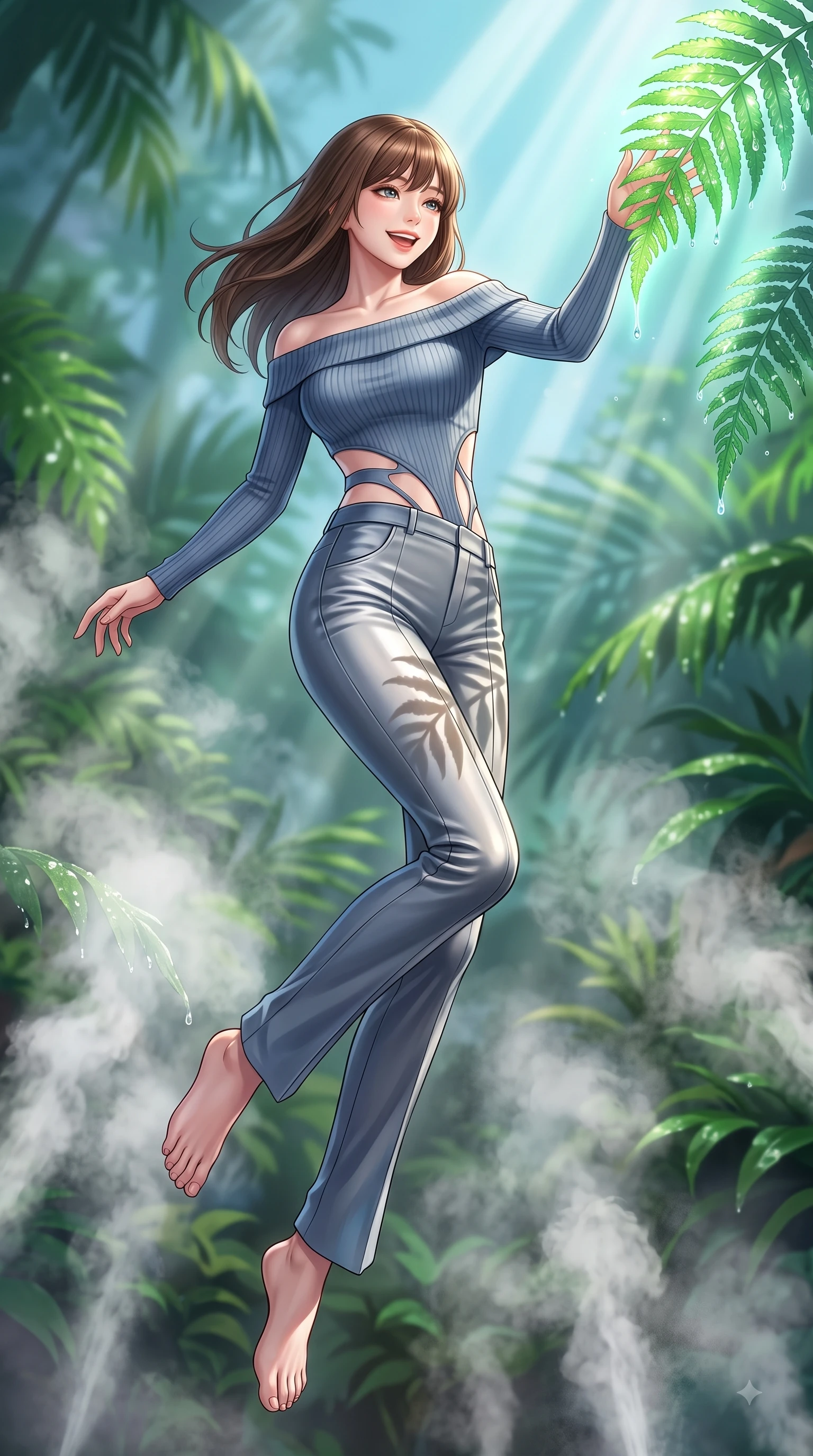 score_9, masterpiece, best quality, ultra-detailed, high-budget anime keyframe, editorial fashion photography, tasteful artistic composition, Korean woman. low angle full-body shot from head to toe showing her feet, filling the entire 9:16 vertical frame with her statuesque presence, stretching her vertical silhouette. performing a cheerful mid-air rotation with flawless poise, her radiant smile capturing fresh college girlhood energy while reaching one arm out cheerfully to touch a bioluminescent green fern leaf dripping with dew, swirling steam clouds from misting fountains adding a magical tropical humidity. She has an absolutely perfect, statuesque 8.5-heads proportion, an exceptionally tall and slender model-like female figure with impossibly long slender legs and an ultra-slim waist. sharp v-shaped jawline, high-bridge nose, intricate jewel-like eyes with depth, thick eyelashes, glossy lips with a natural sheen, flawlessly proportioned anatomical accuracy, natural body alignment, perfectly sculpted elegant limbs, clean dynamic posture without body distortion. wearing a sleek off-shoulder ribbed knit top paired with high-waist tailored pants in slate blue and metallic silver, crafted from smooth liquid silk, featuring clean architectural cutouts along her slender torso, the sleek second-skin texture accentuating her magnetic presence. illuminated by clear sunbeams casting organic leaf stencil shadows across her skin. highly saturated vibrant anime colors, detailed shading with soft gradients, rich glossy textures, high-contrast stereoscopic depth, volumetric dynamic lighting, master piece, 9:16 ratio