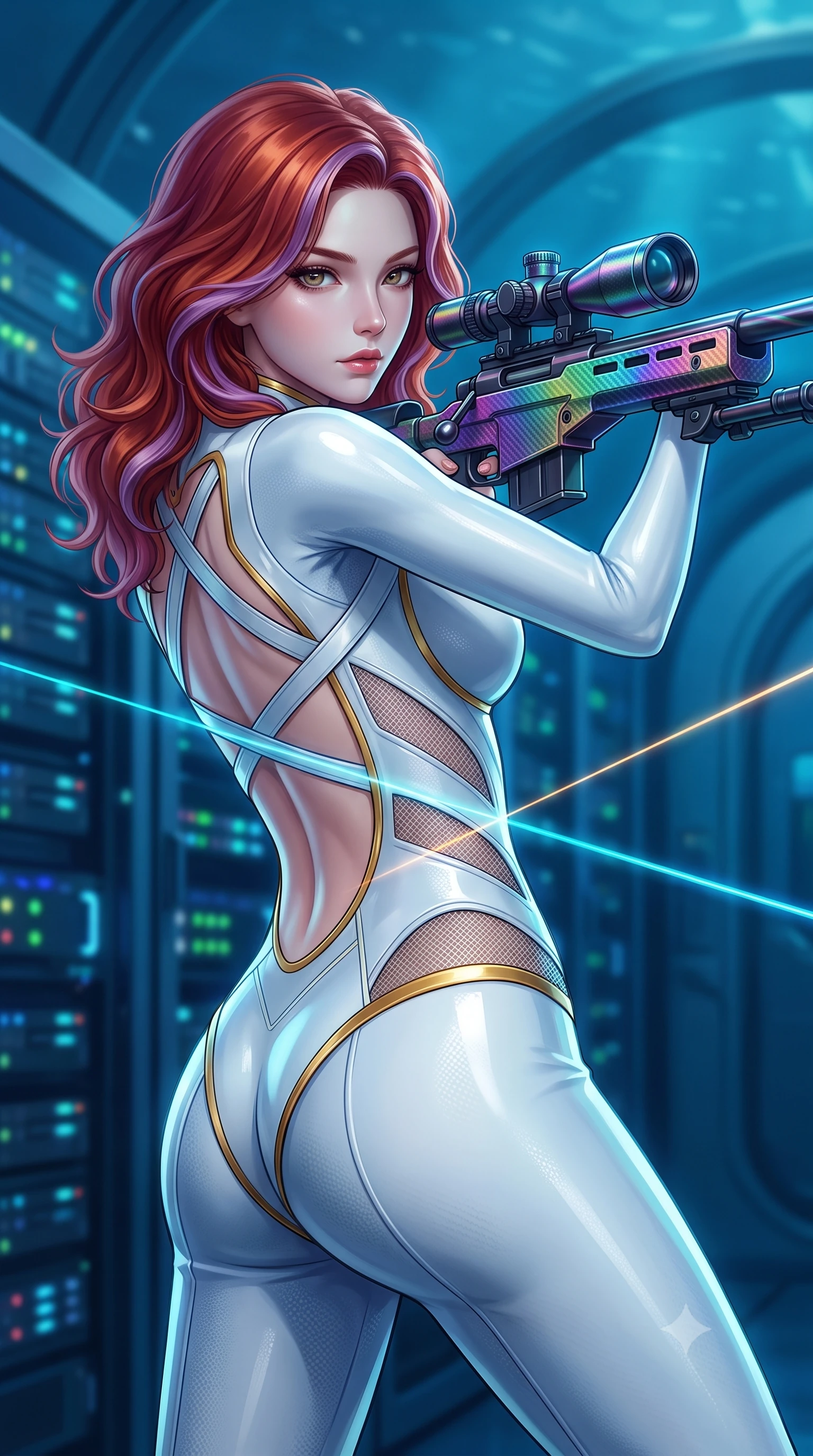 score_9, masterpiece, best quality, ultra-detailed, high-budget anime keyframe, semi-realistic 3D game render, editorial fashion photography, tasteful artistic composition, Caucasian woman. close-up cowboy shot from the waist and thighs up, the character dominates the composition, filling the frame with her large presence. gazing forward with divine sovereign poise, captivating jewel-like eyes shining with transcendent focus while holding her weapon with effortless mastery while arching her back in a fluid roll as dual laser aiming beams cut through the blue aquatic ambient gloom. The composition keeps background elements in soft focus with creamy bokeh. server rack LED status lights and pressurized glass arches softened by shallow cinematic depth of field. She has an exceptionally elegant, slender, and willowy female figure with an ultra-slim waist, a gracefully sculpted slender torso, toned flat midriff, and a refined slim silhouette. sharp v-shaped jawline, high-bridge nose, intricate jewel-like eyes with depth, thick eyelashes, glossy lips with a natural sheen, flawlessly proportioned anatomical accuracy, strict slender model proportions, natural body alignment, perfectly sculpted long slender limbs, ultra-slim waistline, clean dynamic posture without body distortion. wearing a form-contouring arctic white carbon-composite battle-suit with solar gold trim and diagonal midriff vents, aiming a precision carbon-fiber railgun sniper rifle with divine focus in high-gloss iridescent rainbow carbon with prism holographic sheen, formed from high-gloss patent carbon-plating with specular chiaroscuro reflections, complemented by criss-cross back harness straps highlighting her completely bare spine, the form-contouring material adhering flawlessly to her sculpted flat midriff and slender torso, emphasizing her long leg lines and perfectly proportioned willowy build. surrounded by an ultra-sleek, stealthy, and intensely seductive oceanic special-operative aura. rich saturated anime colors with glowing neon highlights, detailed shading with soft gradients, rich glossy textures, high-contrast stereoscopic depth, volumetric dynamic lighting, master piece, 9:16 ratio