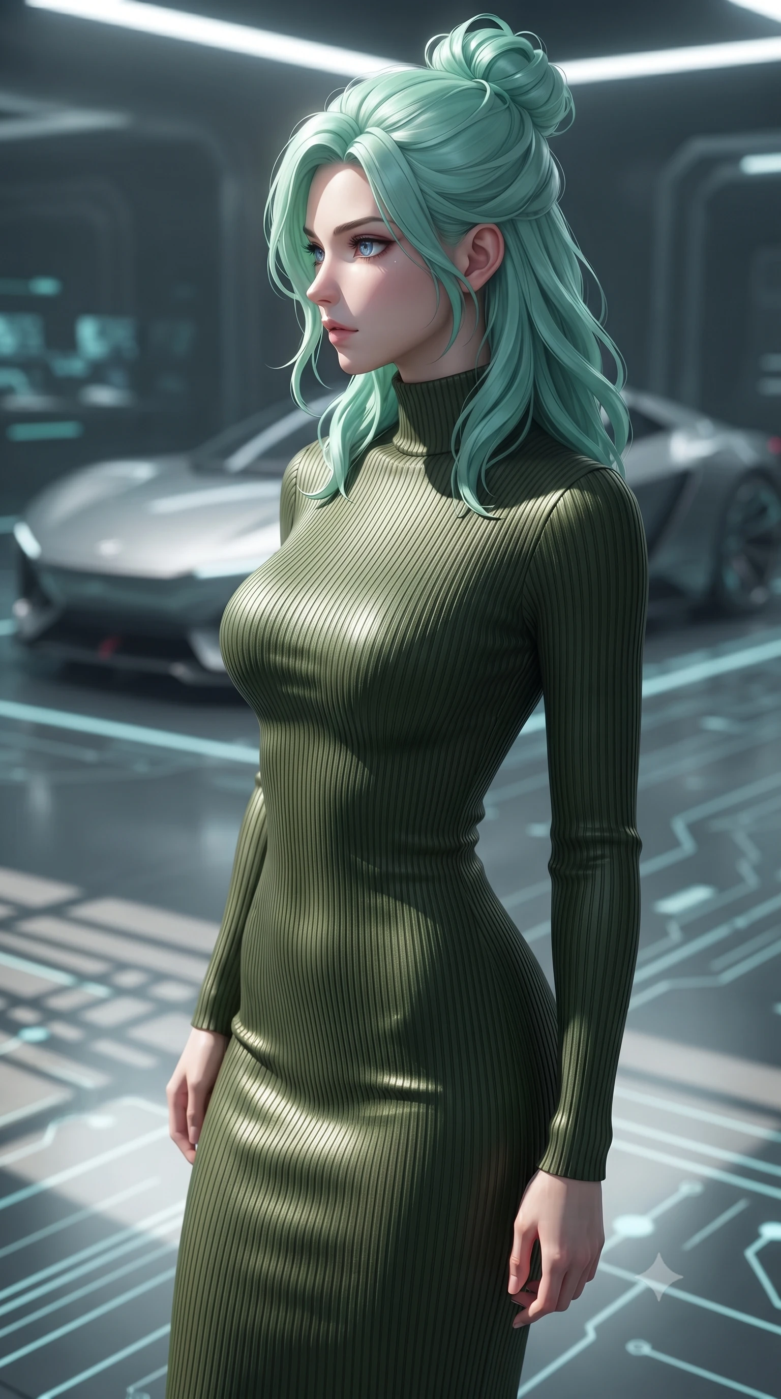 score_9, masterpiece, best quality, ultra-detailed, high-budget anime keyframe, editorial fashion photography, tasteful artistic composition, Japanese woman. close-up cowboy shot from the waist and thighs up, the character dominates the composition, filling the frame with her large presence, background elements kept in soft focus. turning her face in sharp profile, casting a cold, mysterious, yet intensely alluring side gaze, the background shows a soft-focus an underground cyber-garage with glowing circuit floors and a futuristic concept vehicle. She has an exceptionally elegant, slender, and willowy female figure with an ultra-slim waist, a gracefully sculpted slender torso, and a refined silhouette. sharp v-shaped jawline, high-bridge nose, intricate jewel-like eyes with depth, thick eyelashes, glossy lips with a natural sheen. wearing a tailored form-contouring ribbed knit bodycon midi dress in olive green, tracing her slender silhouette with a high neck. focused spotlight casting crisp geometric shadow lines across the sleek floor. ultra-reflective glossy finish, specular highlights, metallic sheen, high-contrast stereoscopic depth, volumetric dynamic lighting, 2k, ultra detail, master piece, 9:16 ratio