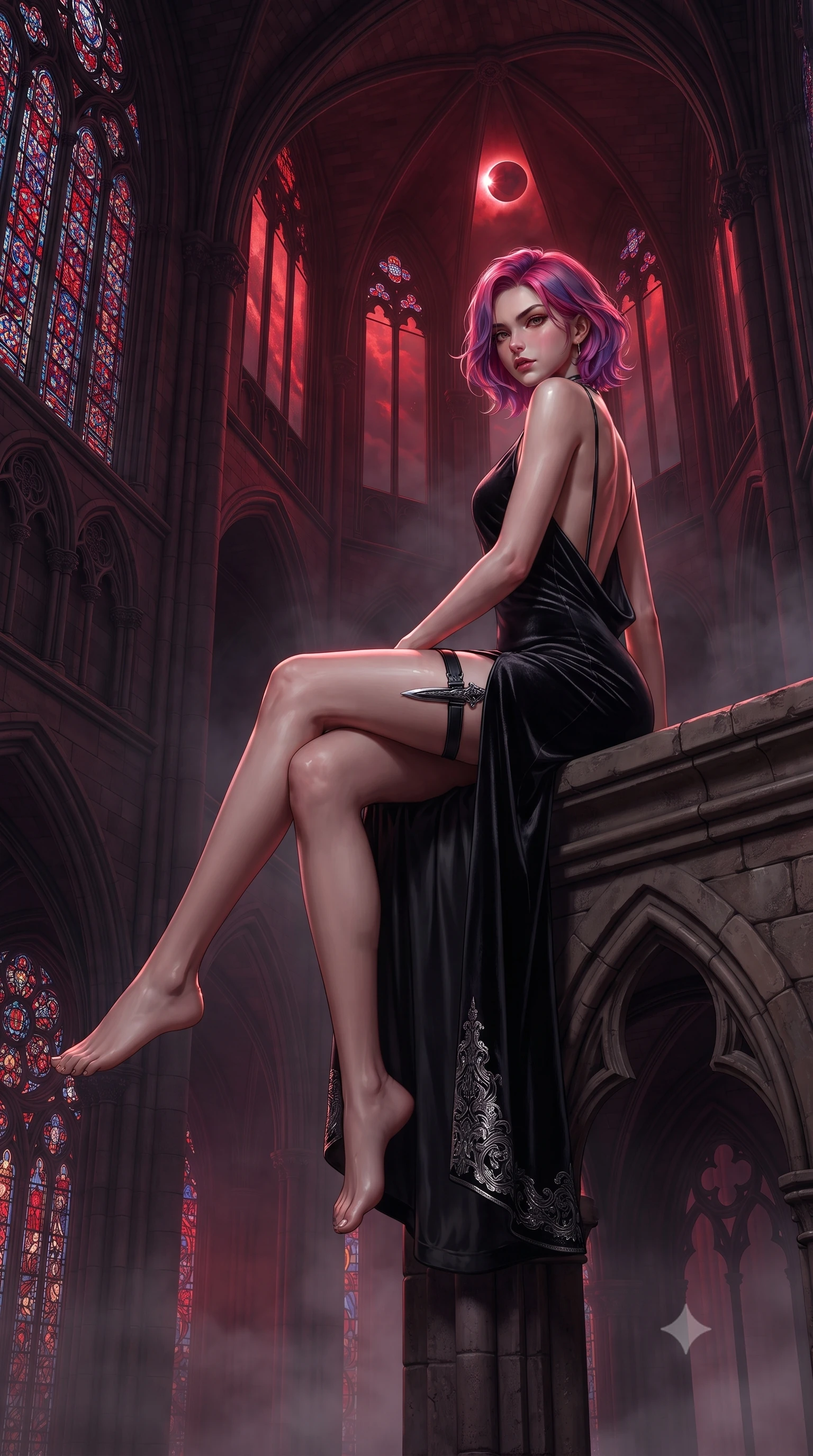 score_9, masterpiece, best quality, ultra-detailed, high-budget anime keyframe, editorial fashion photography, tasteful artistic composition, Caucasian woman. low angle full-body shot from head to toe showing her feet, filling the entire 9:16 vertical frame with her statuesque presence, stretching her vertical silhouette. sitting poised on the elevated edge with legs crossed and extended, her tall 8.5-heads proportions dominating the scene with effortless poise while pivoting dynamically beneath colossal gothic cathedral arches as a total lunar eclipse casts blood-crimson shadows. The surrounding environment is rendered in vivid detail and crisp panoramic clarity. detailed leaded stained-glass patterns, silk dress hem embroidery, and mist layers in high resolution. She has an absolutely perfect, statuesque 8.5-heads proportion, an exceptionally tall and slender model-like female figure with impossibly long slender legs, a toned flat midriff, and an ultra-slim waist. sharp v-shaped jawline, high-bridge nose, intricate jewel-like eyes with depth, thick eyelashes, glossy parted lips with a natural sheen, intensely captivating and seductive expression, flawlessly proportioned anatomical accuracy, strict slender model proportions, natural body alignment, perfectly sculpted long slender limbs, ultra-slim waistline, clean dynamic posture without body distortion. wearing a liquid black silk jersey slip gown descending to the waistline in a deep draped cowl back in raven black and shimmering silver mercury, crafted from heavyweight crushed silk velvet with liquid luster, equipped with a concealed dagger sheath garter under her slit skirt, the form-contouring material adhering flawlessly to her sculpted flat midriff and slender torso, emphasizing her long leg lines and perfectly proportioned willowy build. illuminated by crisp specular highlights defining her sculpted jawline, bare spine, and long limbs. ultra-reflective glossy finish, specular highlights, rich textural contrasts, high-contrast stereoscopic depth, volumetric dynamic lighting, 2k, ultra detail, master piece, 9:16 ratio
