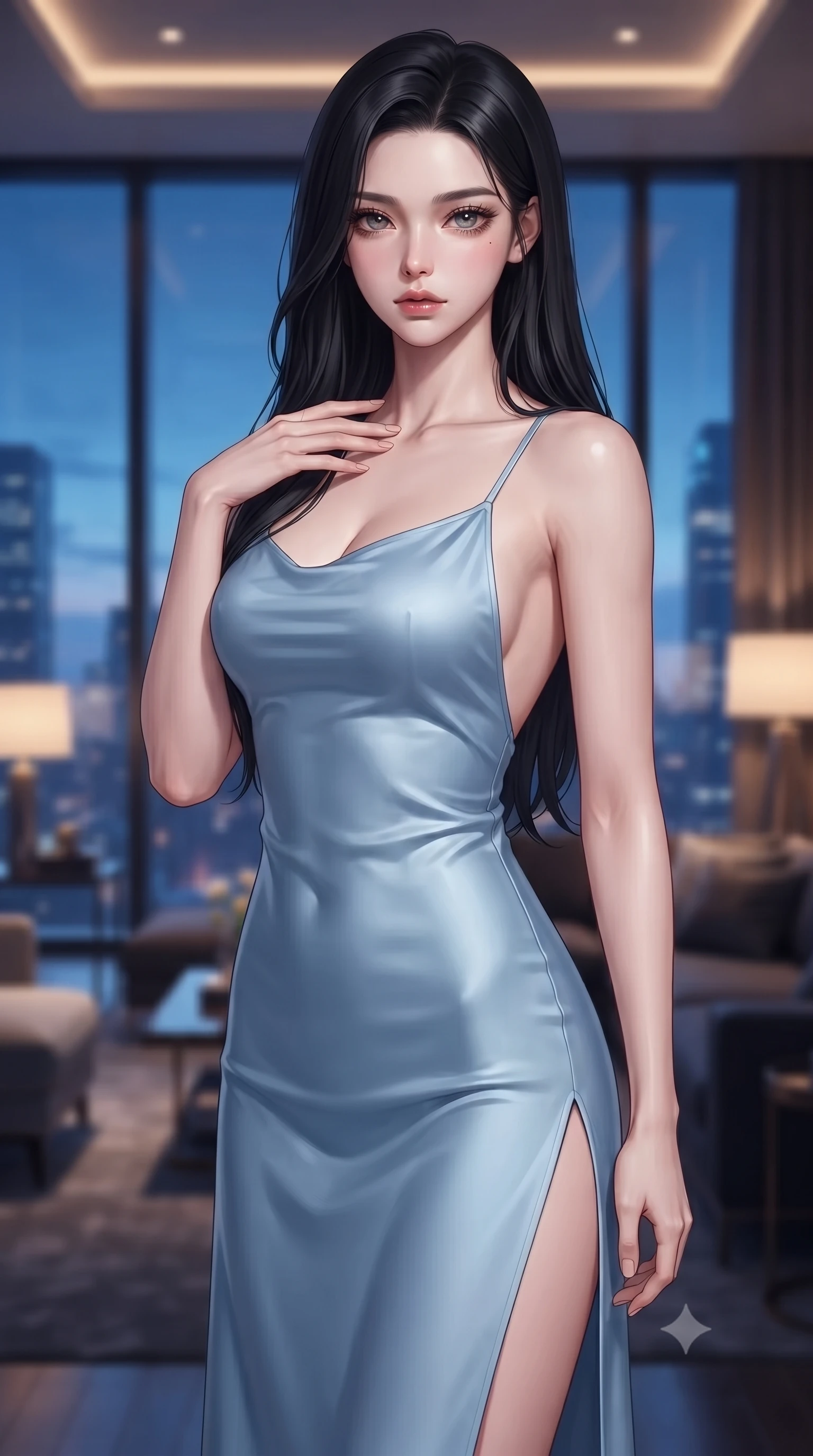 score_9, masterpiece, best quality, ultra-detailed, high-budget anime keyframe, editorial fashion photography, tasteful artistic composition, Korean woman. close-up cowboy shot from the waist and thighs up, the character dominates the composition, filling the frame with her large presence, background elements kept in soft focus. standing with one hand resting on her collarbone, looking at the viewer with bedroom-eyes the background shows a soft-focus a luxurious penthouse music room facing a panoramic midnight skyline. She has an exceptionally elegant, slender, and willowy female figure with an ultra-slim waist, a gracefully sculpted slender torso, and a refined silhouette. sharp v-shaped jawline, high-bridge nose, intricate jewel-like eyes with depth, thick eyelashes, glossy lips with a natural sheen. wearing a slim-fit lightweight silk slip dress in baby blue with a high side slit and a low-cut back. cool blue city twilight key light contrasting with warm interior ambient lamps. highly saturated vibrant anime colors, detailed shading with soft gradients, rich glossy textures, high-contrast stereoscopic depth, volumetric dynamic lighting, master piece, 9:16 ratio