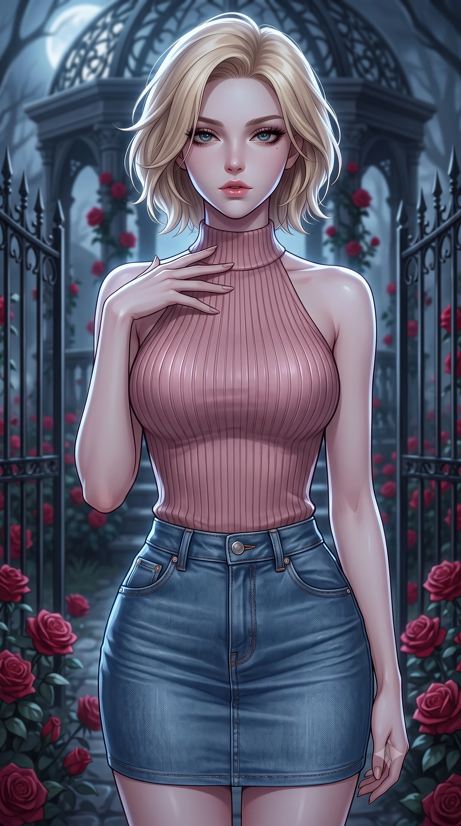 score_9, masterpiece, best quality, ultra-detailed, high-budget anime keyframe, editorial fashion photography, tasteful artistic composition, Caucasian woman. close-up cowboy shot from the waist and thighs up, the character dominates the composition, filling the frame with her large presence, background elements kept in soft focus. standing with one hand resting on her collarbone, looking at the viewer with bedroom-eyes the background shows a soft-focus a gothic rose garden pavilion surrounded by black iron gates and blooming red roses. She has an exceptionally elegant, slender, and willowy female figure with an ultra-slim waist, a gracefully sculpted slender torso, and a refined silhouette. sharp v-shaped jawline, high-bridge nose, intricate jewel-like eyes with depth, thick eyelashes, glossy lips with a natural sheen. wearing a body-hugging form-fitting ribbed knit halter top in dusty rose, paired with a tight-fitting denim skirt. cool silver moonlight tracing her jawline with a sharp rim light. highly saturated vibrant anime colors, detailed shading with soft gradients, rich glossy textures, high-contrast stereoscopic depth, volumetric dynamic lighting, master piece, 9:16 ratio