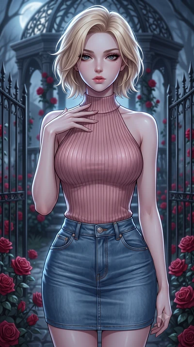 score_9, masterpiece, best quality, ultra-detailed, high-budget anime keyframe, editorial fashion photography, tasteful artistic composition, Caucasian woman. close-up cowboy shot from the waist and thighs up, the character dominates the composition,