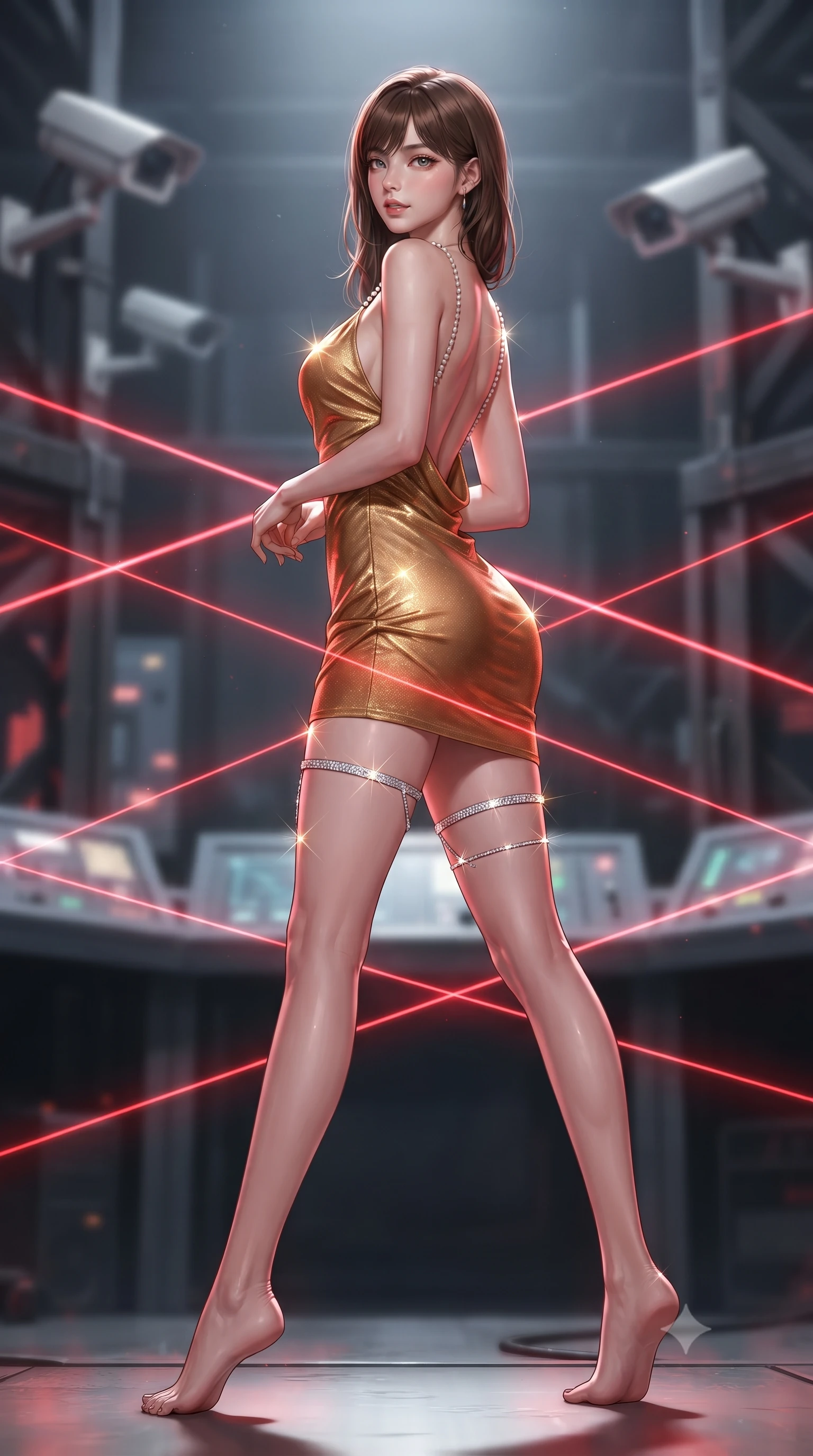 score_9, masterpiece, best quality, ultra-detailed, high-budget anime keyframe, editorial fashion photography, tasteful artistic composition, Korean woman. low angle full-body shot from head to toe showing her feet, filling the entire 9:16 vertical frame with her statuesque presence, stretching her vertical silhouette. executing a slow, graceful pivot turn as her skirt sways around her slender legs, glancing back with an enchanting, teasing sensual expression while arching her spine in a breathless limbo maneuver between criss-crossing crimson laser beams with siren precision. The background shows a soft-focus security surveillance cameras softened in high-stakes infiltration shallow focus. She has an absolutely perfect, statuesque 8.5-heads proportion, an exceptionally tall and slender model-like female figure with impossibly long slender legs, an ultra-slim waist, a flat toned midriff, narrow delicate ribcage, and beautifully sculpted feminine hips creating a graceful, slim hourglass silhouette without any bulky heaviness. sharp v-shaped jawline, high-bridge nose, sparkling eyes with hypnotic seductive depth, thick curled eyelashes, glossy parted lips with a natural dewy peach sheen, alluring bedroom-eyes with an enchanting coquettish smile, exuding magnetic siren charisma and sophisticated glamour, flawlessly proportioned anatomical accuracy, strict slender model proportions, natural body alignment, perfectly sculpted long slender limbs, ultra-slim waistline, clean dynamic posture without body distortion. wearing a low-cut draped cowl-back satin ballet slip mini dress with dainty pearl spaghetti straps in warm amber honey and antique gold leaf, woven from stretch metallic lurex jersey casting radiant starlight glints across her silhouette, finished with delicate crystal-encrusted thigh garter straps glinting under the lights, the liquid-tight tailored fabric clinging flawlessly to her narrow waist and rounded feminine hips, emphasizing every millimeter of her sculpted slim hourglass curves without any bulky heaviness. illuminated by security console backlights and sharp red-and-white rim lighting sculpting her razor-sharp jawline, narrow waist, and curvy hips. ultra-reflective glossy finish, specular highlights, rich textural contrasts, high-contrast stereoscopic depth, volumetric dynamic lighting, 2k, ultra detail, master piece, 9:16 ratio