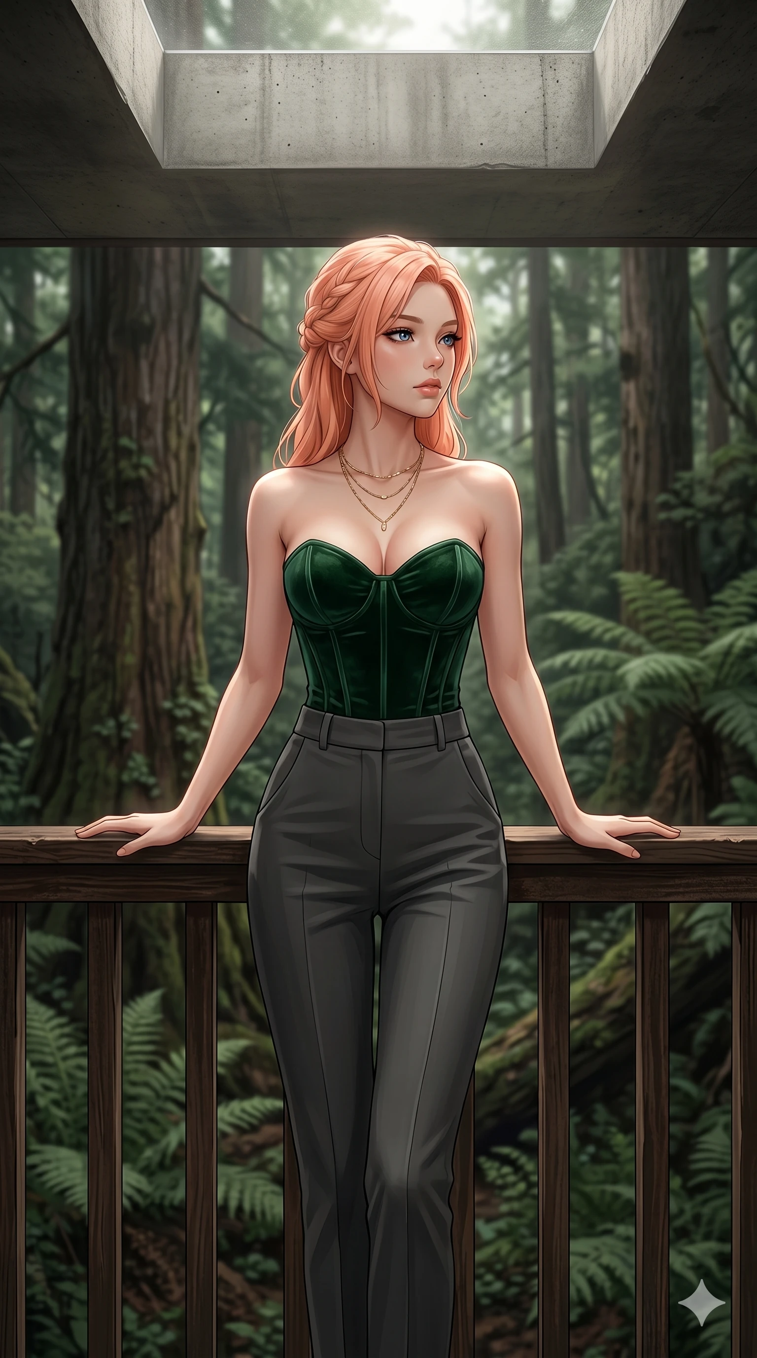 score_9, masterpiece, best quality, ultra-detailed, high-budget anime keyframe, editorial fashion photography, tasteful artistic composition, Japanese woman. cowboy shot from the thighs up, character and outfit filling the frame for maximum editorial presence. resting her hands on the deck railing, looking past the camera on a secluded deck of a forest retreat (Code-P17-146). She has an absolutely perfect 8-heads proportion, an exceptionally tall and slender female figure with impossibly long slender legs and an ultra-slim waist. V-shaped jawline, high-bridge nose, intricate jewel-like eyes with depth, thick eyelashes, glossy lips with a natural sheen. wearing a velvet corset with a sweetheart neckline revealing her cleavage. soft diffused light from a concrete skylight, highlighting her V-shaped jawline and nose. 2k, ultra detail, master piece, 9:16 ratio