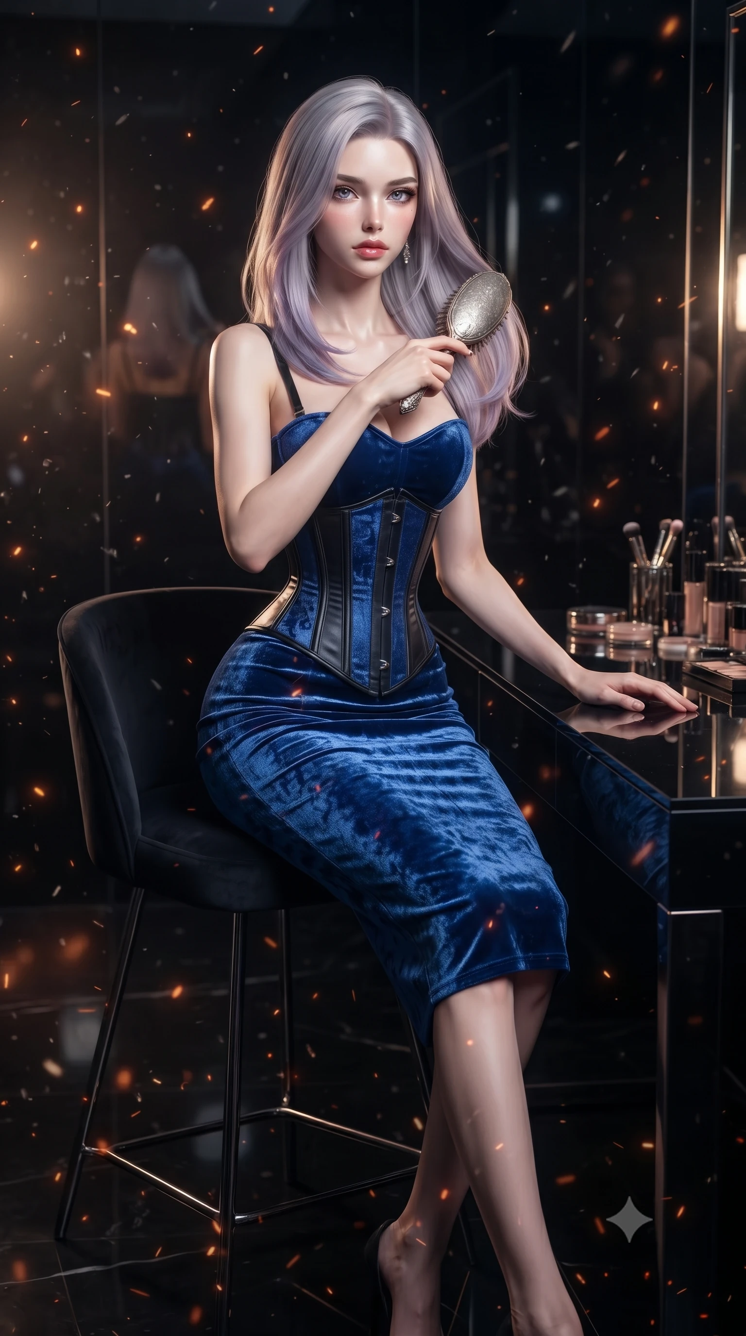 score_9, masterpiece, best quality, ultra-detailed, High-budget Anime Keyframe, editorial fashion photography, tasteful artistic composition, realistic cosplay photography, Caucasian woman, strictly human ears. Dynamic full-body shot stretching the vertical silhouette to the limit. Scenario 411: brushing her hair while seated before a vanity of black glass in a quiet chamber filled with glowing embers and floating ash particles. Her presence is magnetic and overpowering in this high-budget cinematic scene. Outfit 411: a form-contouring cobalt blue crushed velvet corset dress layered over a structured corset bodice. The clothing is designed to emphasize her exceptionally tall and slender 8-heads proportion. 8-heads proportion, towering silhouette, ultra-slim waist. sharp v-shaped jawline, intricate jewel-like eyes with depth, thick eyelashes, glossy lips. ultra-reflective glossy finish, specular highlights, metallic sheen, high-contrast stereoscopic depth, volumetric dynamic lighting, 2k, ultra detail, master piece, 9:16 ratio