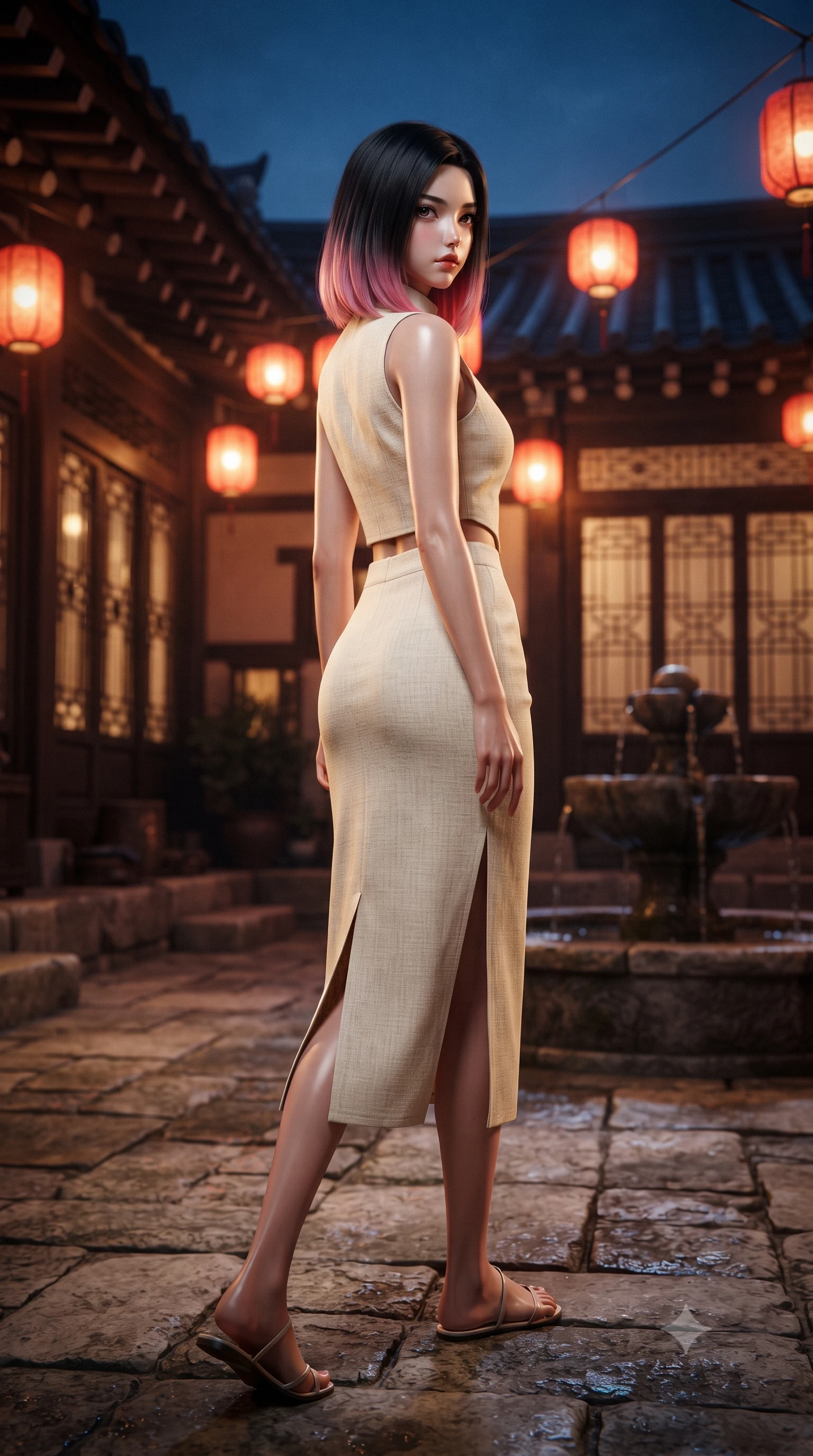 score_9, masterpiece, best quality, ultra-detailed, high-budget anime keyframe, editorial fashion photography, tasteful artistic composition, Korean woman. low angle full-body shot from head to toe showing her feet, filling the entire 9:16 vertical frame with her statuesque presence, stretching her vertical silhouette. stepping gracefully while looking back over her shoulder, her dress draped tightly to reveal her silhouette the background shows a soft-focus a traditional inn courtyard with hanging red lanterns and a stone fountain. She has an absolutely perfect, statuesque 8.5-heads proportion, an exceptionally tall and slender model-like female figure with impossibly long slender legs and an ultra-slim waist. sharp v-shaped jawline, high-bridge nose, intricate jewel-like eyes with depth, thick eyelashes, glossy lips with a natural sheen. wearing a body-hugging tailored vacation outfit of a linen crop vest and a matching side-slit midi skirt, revealing a subtle waist cutout. warm amber lantern light contrasting with the cool blue midnight sky. ultra-reflective glossy finish, specular highlights, metallic sheen, high-contrast stereoscopic depth, volumetric dynamic lighting, 2k, ultra detail, master piece, 9:16 ratio