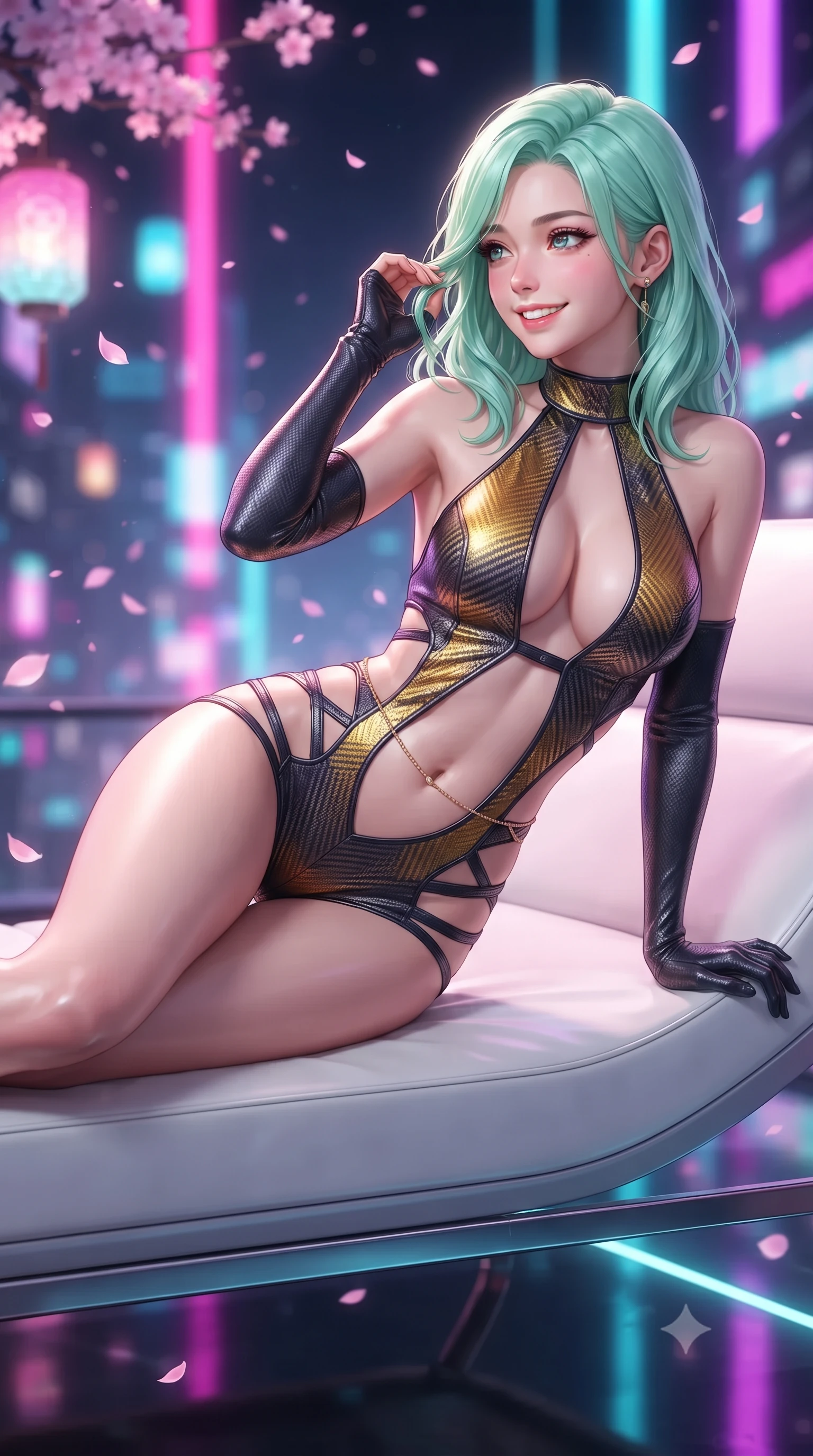 score_9, masterpiece, best quality, ultra-detailed, high-budget anime keyframe, editorial fashion photography, tasteful artistic composition, Japanese woman. close-up cowboy shot from the waist and thighs up, the character dominates the composition, filling the frame with her large presence. gently brushing a lock of hair behind her ear while casting a playful, flirtatious side-gaze with long eyelashes while lounging gracefully across the minimalist white lacquer chaise propped on one elbow with legs extended, displaying her long slender limbs and statuesque hourglass silhouette against the cyberpunk horizon. The background shows a soft-focus floating bioluminescent pink sakura petals, glowing holographic lanterns, and vertical neon sky-freeway ribbons blurred into fuchsia, cyan, and amethyst bokeh. She has an exceptionally elegant, slender, and willowy female figure with an ultra-slim waist, flat toned midriff, narrow ribcage, and sculpted feminine hips creating an alluring, slim hourglass silhouette without bulk. sharp v-shaped jawline, high-bridge nose, intricate jewel-like sparkling eyes with depth, thick eyelashes, glossy parted lips with a natural peach sheen, bright cheerful beaming smile with an enchanting and coquettish sensual glint, exuding both youthful cute charm and seductive allure, flawlessly proportioned anatomical accuracy, strict slender model proportions, natural body alignment, perfectly sculpted long slender limbs, ultra-slim waistline, clean dynamic posture without body distortion. wearing a daring low-cut halterneck romper with exposed midriff and strappy hip cutouts in solar-flare gold and interstellar onyx, woven from structured carbon-fiber jacquard with rich textural depth, accented with a dainty gold belly chain resting across her flat midriff and curving hips, the glove-like clinging cut tightly following the natural contour of her hips and long slender legs with youthful 8.5-heads elegance. illuminated by floor pool reflection bounce and sharp laser-cyan rim lights sculpting her razor-sharp jawline, narrow waist, and curvy hips. ultra-reflective glossy finish, specular highlights, rich textural contrasts, high-contrast stereoscopic depth, volumetric dynamic lighting, 2k, ultra detail, master piece, 9:16 ratio