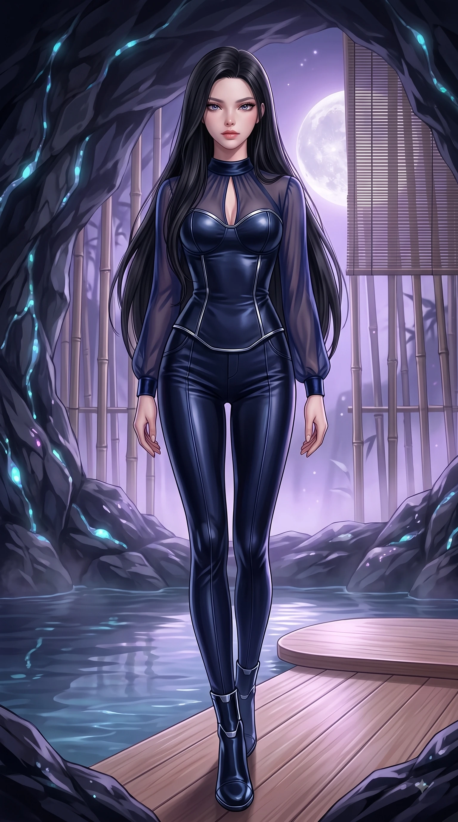 score_9, masterpiece, best quality, ultra-detailed, high-budget anime keyframe, editorial fashion photography, tasteful artistic composition, Korean woman. low angle full-body shot from head to toe showing her feet, filling the entire 9:16 vertical frame with her statuesque presence, stretching her vertical silhouette. stepping forward in a proud dynamic stride with an alluring waist tilt, her vertical silhouette filling the frame while lounging on a smooth hinoki wood platform in a moonlit hot spring surrounded by bamboo screens, bioluminescent opal veins pulsing softly in the subterranean obsidian walls. She has an absolutely perfect, statuesque 8.5-heads proportion, an exceptionally tall and slender model-like female figure with impossibly long slender legs and an ultra-slim waist. sharp v-shaped jawline, high-bridge nose, intricate jewel-like eyes with depth, thick eyelashes, glossy lips with a natural sheen, flawlessly proportioned anatomical accuracy, natural body alignment, perfectly sculpted elegant limbs, clean dynamic posture without body distortion. wearing a tailored leather bustier over a sheer silk chiffon blouse in midnight navy blue and chrome trim, made of premium stretch velvet with a rich sheen, accented with a Tasteful chest slit framing her clavicle gracefully, the sleek second-skin texture accentuating her magnetic presence. illuminated by luminous purple bioluminescence and serene silver moonlight. highly saturated vibrant anime colors, detailed shading with soft gradients, rich glossy textures, high-contrast stereoscopic depth, volumetric dynamic lighting, master piece, 9:16 ratio