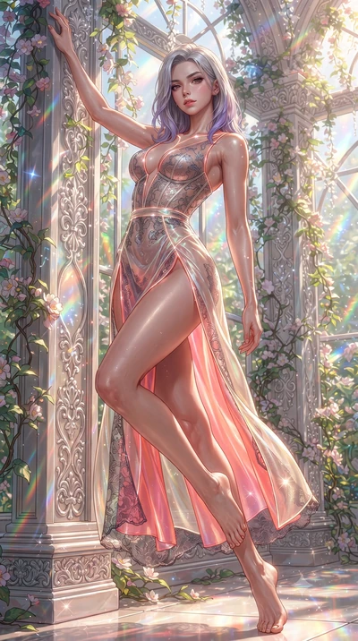 score_9, masterpiece, best quality, ultra-detailed, high-budget anime keyframe, editorial fashion photography, tasteful artistic composition, Caucasian woman. low angle full-body shot from head to toe showing her feet, filling the entire 9:16 vertica