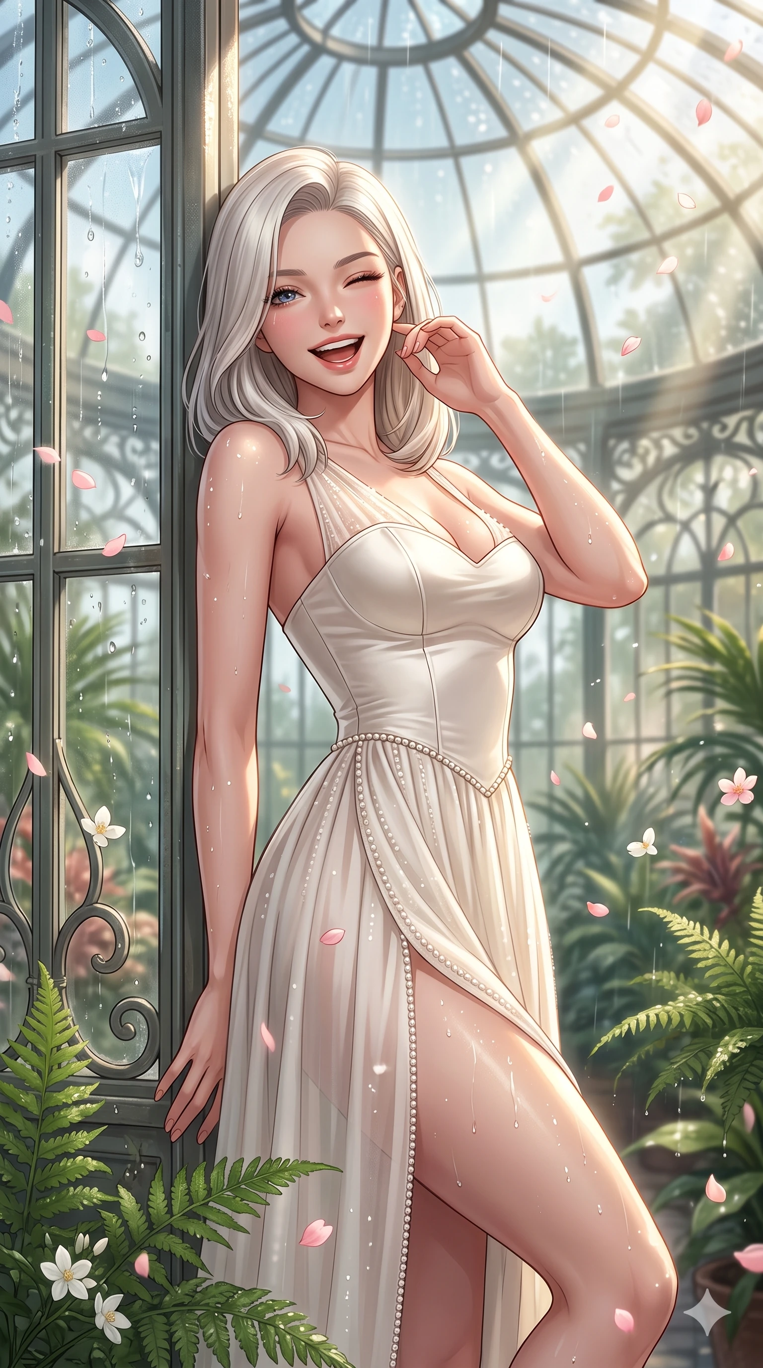 score_9, masterpiece, best quality, ultra-detailed, high-budget anime keyframe, vibrant anime aesthetic, Caucasian woman, strictly human ears. close-up cowboy shot from the waist and thighs up, the character dominates the composition, filling the frame with her large presence, background elements kept in soft focus. She is leaning against a greenhouse frame, winking and laughing happily, her eyes glowing with lively energy surrounded by delicate flower petals. the background shows a soft-focus elegant art-nouveau conservatory filled with lush ferns, under a sun shower with volumetric light beams (Code-P22-184). She has an absolutely perfect proportion, an exceptionally elegant and slender female figure with an ultra-slim waist. V-shaped jawline, high-bridge nose, intricate jewel-like eyes with depth, thick eyelashes, glossy lips with a natural sheen. wearing a delicate chiffon dress featuring a structured satin bodice and refined side vent in ivory white and pearls. She is drenched in bright, warm sun showers, casting sharp highlights on the raindrops, creating a warm, inviting, and atmospheric glow under the glass dome roof. 2k, ultra detail, master piece, 9:16 ratio