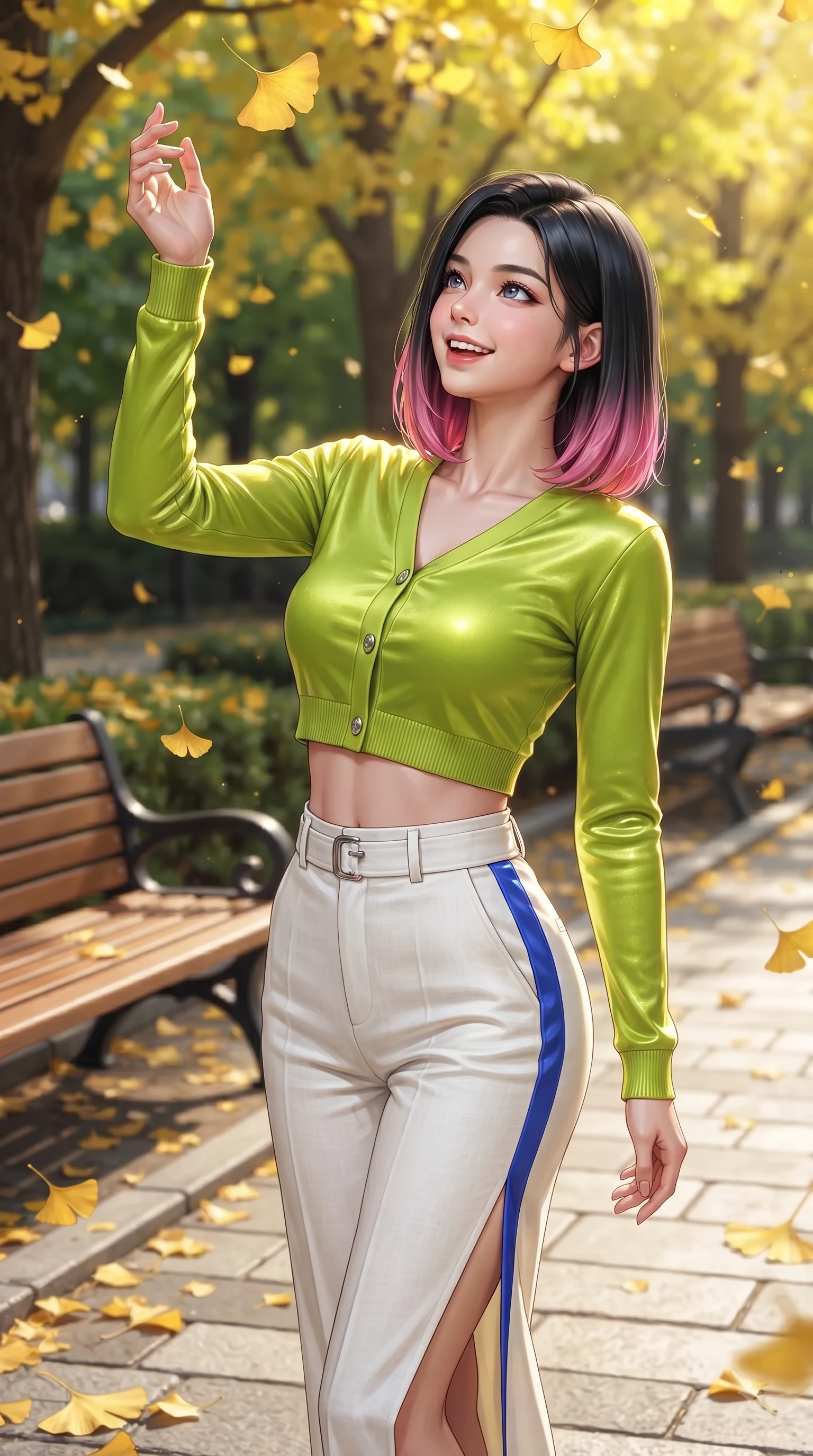 score_9, masterpiece, best quality, ultra-detailed, high-budget anime keyframe, editorial fashion photography, tasteful artistic composition, Korean woman. close-up cowboy shot from the waist and thighs up, the character dominates the composition, filling the frame with her large presence. Statuesque haughty posture with a cool, sharp glance and composed high-fashion elegance while reaching up playfully to catch a golden ginkgo leaf in mid-air with a joyful smile. The surrounding environment is rendered in vivid detail and crisp panoramic clarity. intricate leaf vein textures, classic wooden park benches, and stone park paths in sharp resolution. She has an exceptionally elegant, slender, and willowy female figure with an ultra-slim waist, a gracefully sculpted slender torso, and a refined silhouette. sharp v-shaped jawline, high-bridge nose, intricate jewel-like eyes with depth, thick eyelashes, glossy lips with a natural sheen, flawlessly proportioned anatomical accuracy, natural body alignment, perfectly sculpted elegant limbs, clean dynamic posture without body distortion. wearing a bright lime green cropped cardigan paired with high-waist white linen trousers in electric cobalt blue and polished silver accent, made of premium stretch velvet with a rich glossy sheen, finished with a sleek side slit ascending to mid-thigh, the form-contouring material accentuating her ultra-slim waist and long lines. illuminated by bright glowing yellow ambient light and clear sky refractions. ultra-reflective glossy finish, specular highlights, metallic sheen, high-contrast stereoscopic depth, volumetric dynamic lighting, 2k, ultra detail, master piece, 9:16 ratio