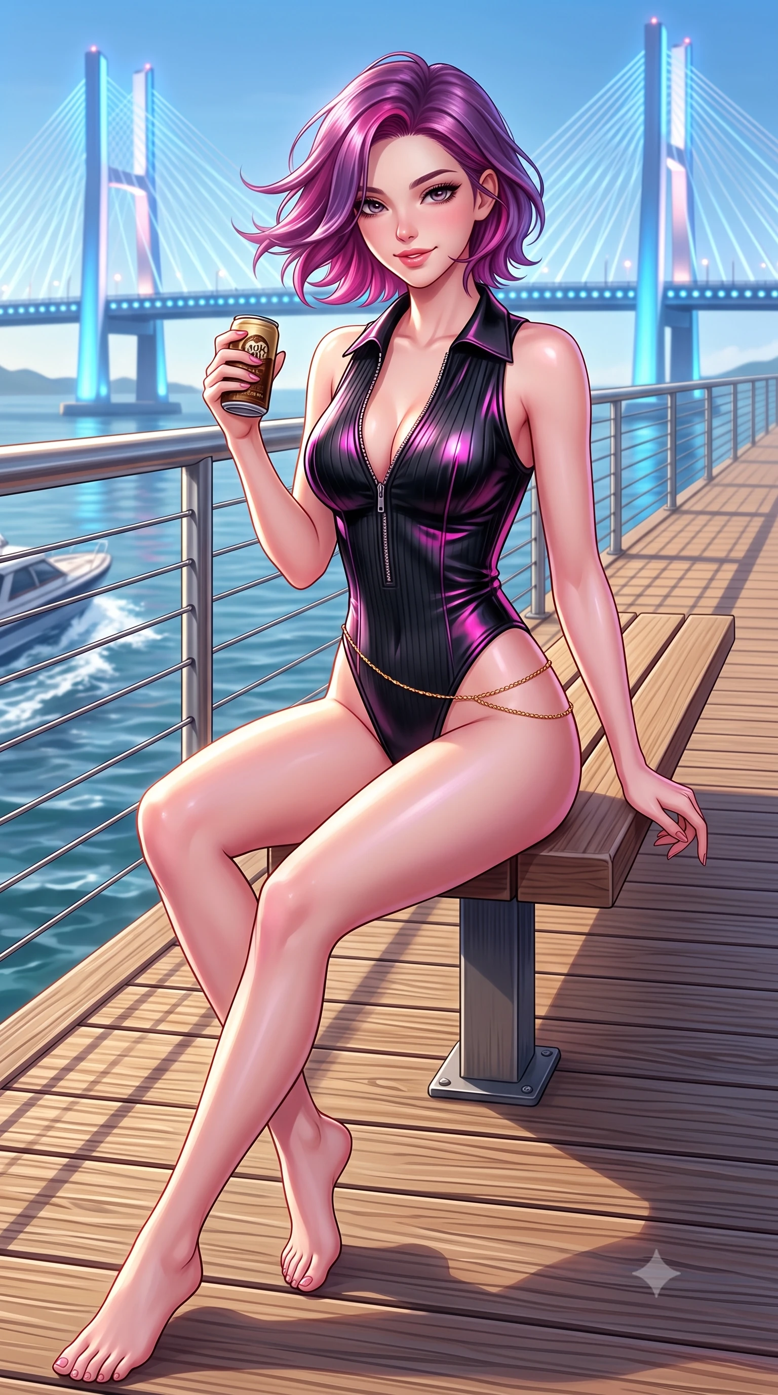 score_9, masterpiece, best quality, ultra-detailed, high-budget anime keyframe, semi-realistic 3D game render, editorial fashion photography, tasteful artistic composition, Caucasian woman. close-up cowboy shot from the waist and thighs up, the character dominates the composition, filling the frame with her large presence. turning slowly with an enchanting smoldering smile, her glossy hair tossing in the breeze as her hips angle gracefully in a captivating contrapposto while sitting perched gracefully on the pier bench with legs extended, holding a canned coffee while flashing a warm coquettish smile. The surrounding environment is rendered in vivid detail and crisp panoramic clarity: sharp boardwalk timber grain, stainless steel cable railing, and water wake ripple clarity in deep focus. She has an exceptionally elegant, slender, and willowy female figure with an ultra-slim waist, flat toned midriff, narrow ribcage, and sculpted feminine hips creating an alluring, slim hourglass silhouette without bulk. sharp v-shaped jawline, high-bridge nose, sparkling eyes with hypnotic seductive depth, thick curled eyelashes, glossy parted lips with a natural dewy peach sheen, alluring bedroom-eyes with an enchanting coquettish smile, exuding magnetic siren charisma and sophisticated glamour, flawlessly proportioned anatomical accuracy, strict slender model proportions, natural body alignment, perfectly sculpted long slender limbs, ultra-slim waistline, clean dynamic posture without body distortion. wearing a retro-chic ribbed knit polo bodysuit with a plunging front zipper and high-cut leg openings in wet-look onyx black with electric fuchsia reflections, woven from buttery-soft stretch lambskin leather adhering to her body like a second skin, finished with a dainty gold belly chain resting across her flat midriff and curving hips, the high-slit wrap tailoring accentuating her ultra-slim waistline and the enchanting curve of her feminine hips with alluring seductive charm. bathed in the glowing azure and white illumination of the suspension bridge towers. highly saturated vibrant anime colors, detailed shading with soft gradients, rich glossy textures, high-contrast stereoscopic depth, volumetric dynamic lighting, master piece, 9:16 ratio