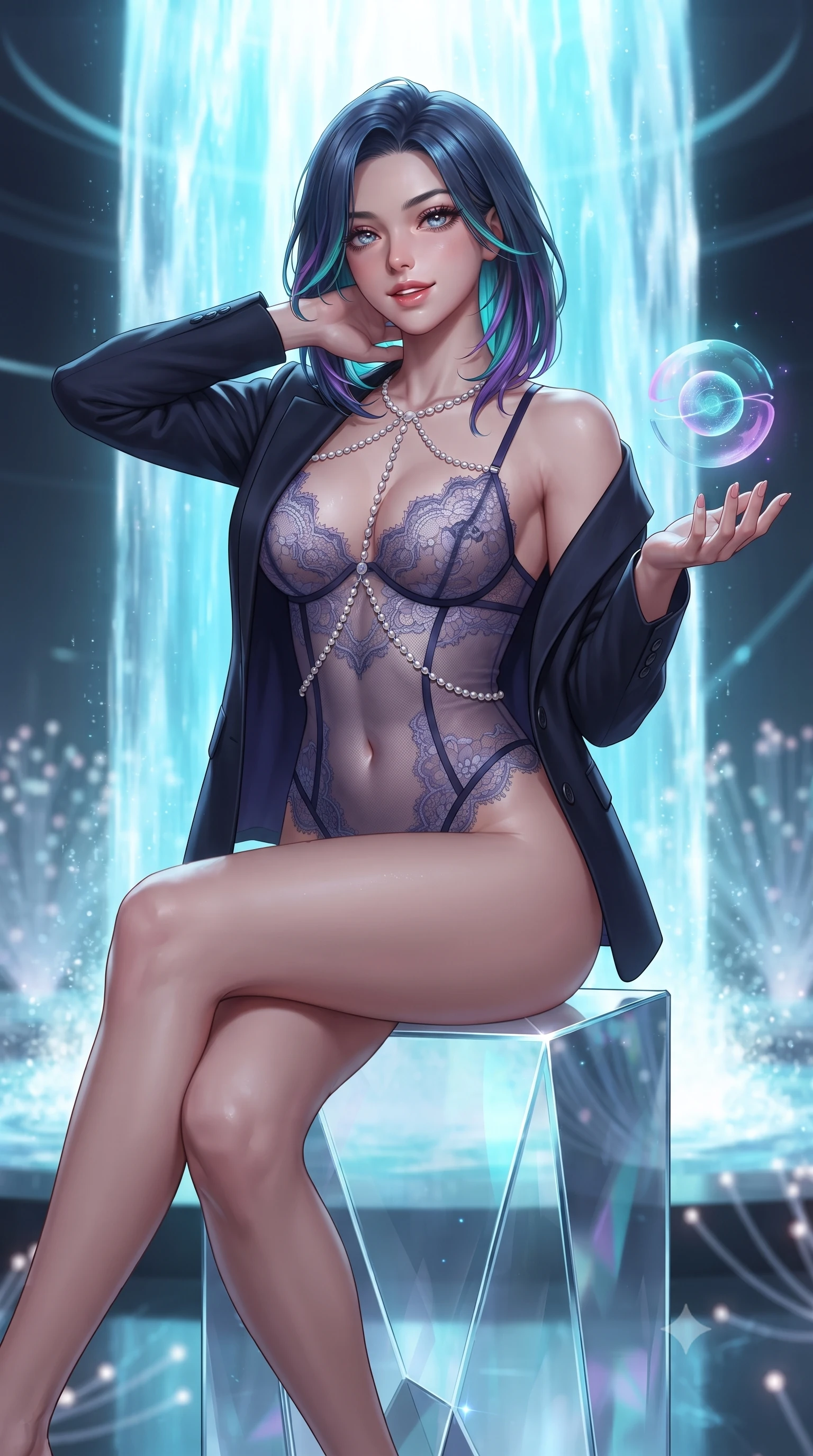 score_9, masterpiece, best quality, ultra-detailed, high-budget anime keyframe, editorial fashion photography, tasteful artistic composition, Caucasian woman. close-up cowboy shot from the waist and thighs up, the character dominates the composition, filling the frame with her large presence. resting both hands lightly behind her neck with elbows raised, arching her spine to highlight her narrow waist, flat midriff, and breathtaking collarbones while perched sideways on a glass monolith with legs crossed, holding a floating digital data orb with effortless cyber-queen charm. The background shows a soft-focus submerged fiber-optic lights softened in avant-garde sci-fi shallow focus. She has an exceptionally elegant, slender, and willowy female figure with an ultra-slim waist, flat toned midriff, narrow ribcage, and sculpted feminine hips creating an alluring, slim hourglass silhouette without bulk. sharp v-shaped jawline, high-bridge nose, sparkling eyes with hypnotic seductive depth, thick curled eyelashes, glossy parted lips with a natural dewy peach sheen, alluring bedroom-eyes with an enchanting coquettish smile, exuding magnetic siren charisma and sophisticated glamour, flawlessly proportioned anatomical accuracy, strict slender model proportions, natural body alignment, perfectly sculpted long slender limbs, ultra-slim waistline, clean dynamic posture without body distortion. wearing a delicate sheer French Chantilly lace teddy layered under an open tailored tuxedo blazer draped over bare shoulders in twilight lavender and midnight indigo, made of delicate semi-sheer French Chantilly lace with intricate eyelash edges, accented with a pearl-drop body harness subtly framing her dewy collarbones and spine, the form-contouring silhouette accentuating her sculpted flat midriff, narrow delicate ribcage, and gracefully curvy hips with intoxicating allure. bathed in brilliant cascading cyan and white light radiating from the monumental holographic waterfall. ultra-reflective glossy finish, specular highlights, rich textural contrasts, high-contrast stereoscopic depth, volumetric dynamic lighting, 2k, ultra detail, master piece, 9:16 ratio