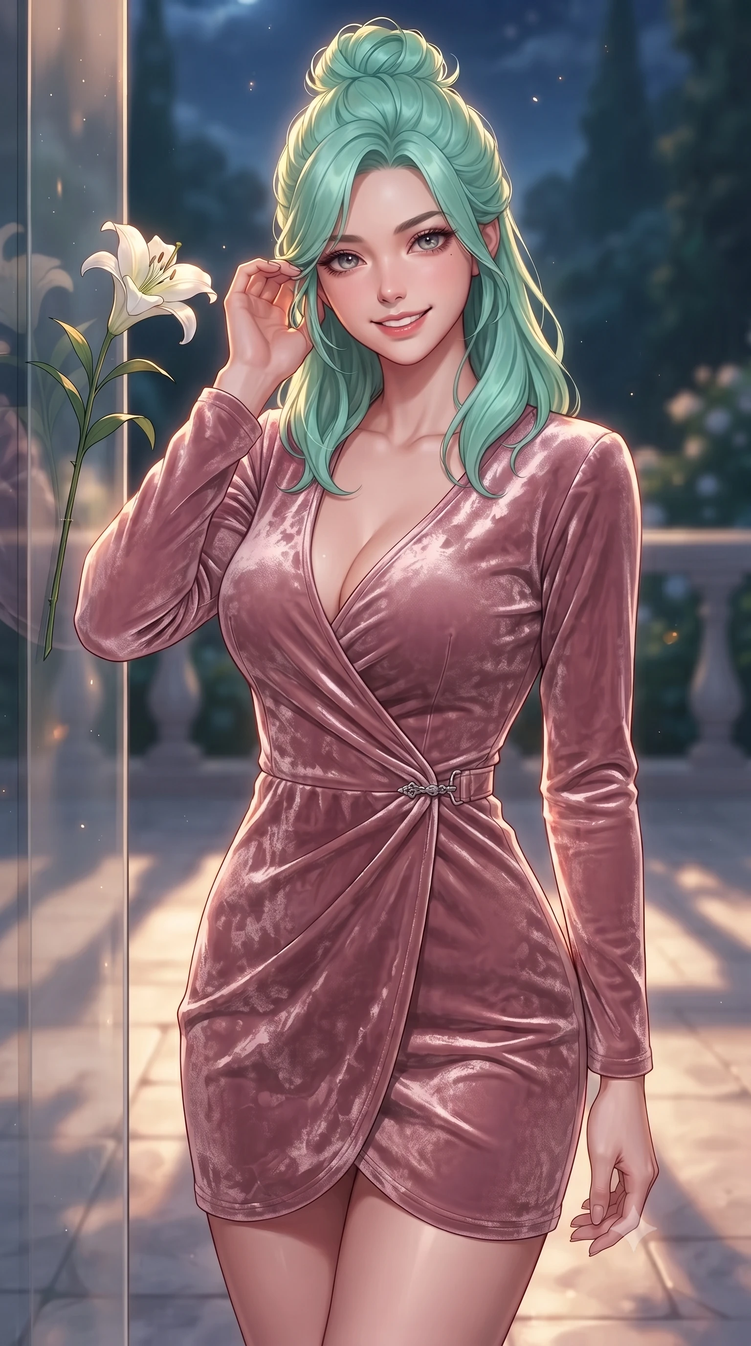 score_9, masterpiece, best quality, ultra-detailed, high-budget anime keyframe, editorial fashion photography, tasteful artistic composition, Japanese woman. close-up cowboy shot from the waist and thighs up, the character dominates the composition, filling the frame with her large presence, background elements kept in soft focus. flashing a warm, intoxicating grin while gently tucking a strand of hair behind her ear set against a soft-focus background of inside an exclusive moonlit garden terrace with a single long-stemmed white lily resting against a polished glass surface. She has an exceptionally elegant, slender, and willowy female figure with an ultra-slim waist, a gracefully sculpted slender torso, and a refined silhouette. sharp v-shaped jawline, high-bridge nose, intricate jewel-like eyes with depth, thick eyelashes, glossy lips with a natural sheen. wearing slim-fit dusty rose crushed velvet sleek long-sleeve silk wrap dress contouring her ultra-slim waist elegantly accented with delicate silver hardware. bathed in warm golden hour sunbeams that cast long, romantic shadows across the floor. highly saturated vibrant anime colors, detailed shading with soft gradients, rich glossy textures, high-contrast stereoscopic depth, volumetric dynamic lighting, master piece, 9:16 ratio