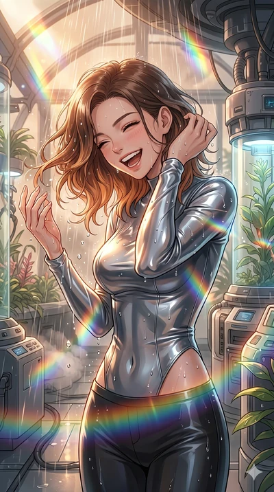score_9, masterpiece, best quality, ultra-detailed, high-budget anime keyframe, Korean woman. Upper body close-up from the thighs up, character filling the screen for maximum presence. Inside a biotech garden greenhouse during a warm shower, tilting 