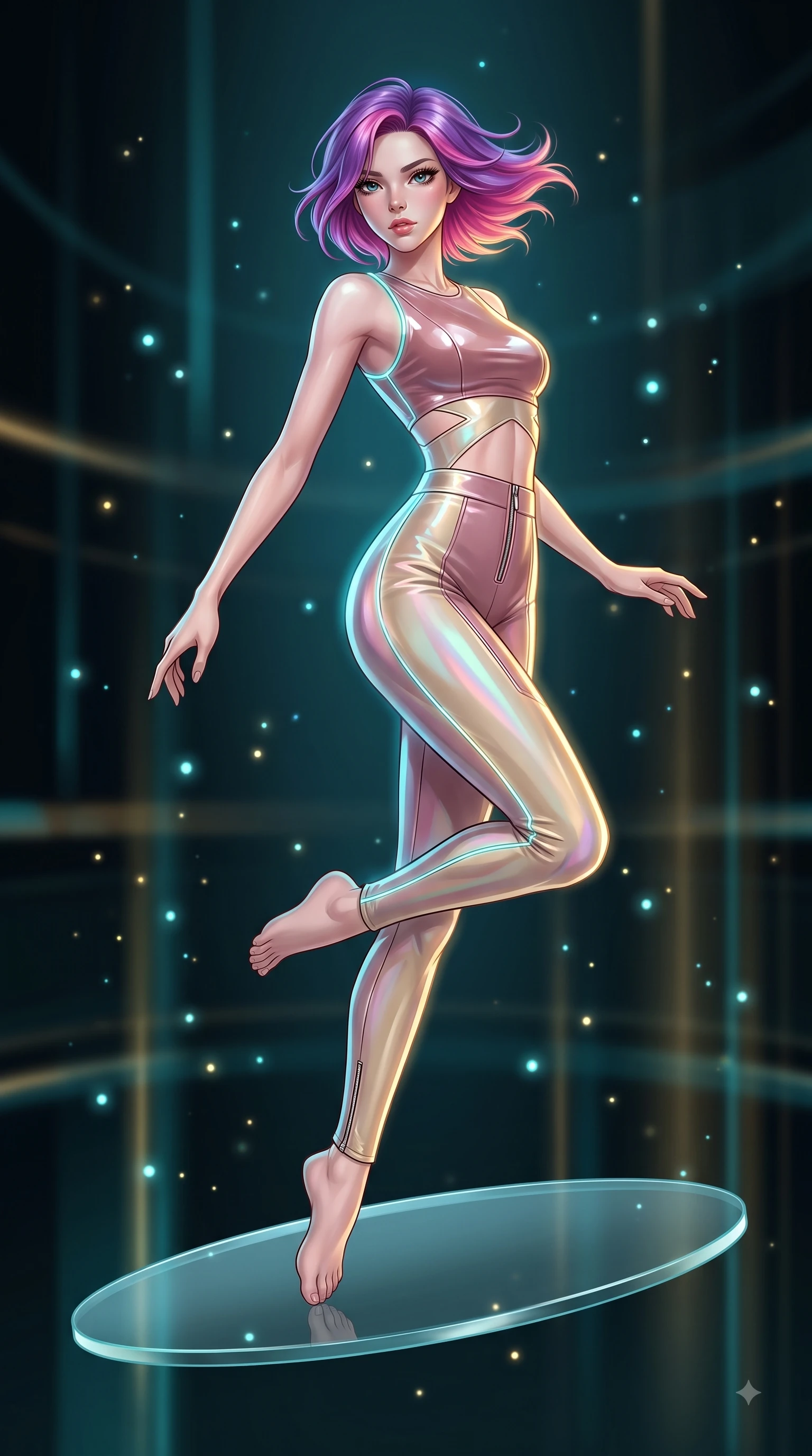 score_9, masterpiece, best quality, ultra-detailed, high-budget anime keyframe, editorial fashion photography, tasteful artistic composition, Caucasian woman. low angle full-body shot from head to toe showing her feet, filling the entire 9:16 vertical frame with her statuesque presence, stretching her vertical silhouette. performing an athletic mid-air rotation with flawless poise, her vertical silhouette beautifully stretched while pivoting her torso in an S-curve alignment on a floating glass disk inside a light matrix, glowing fiber optic motes drifting like fireflies in the dark background. She has an absolutely perfect, statuesque 8.5-heads proportion, an exceptionally tall and slender model-like female figure with impossibly long slender legs and an ultra-slim waist. sharp v-shaped jawline, high-bridge nose, intricate jewel-like eyes with depth, thick eyelashes, glossy lips with a natural sheen, flawlessly proportioned anatomical accuracy, natural body alignment, perfectly sculpted elegant limbs, clean dynamic posture without body distortion. wearing a glossy vinyl crop top and high-waist tailored leggings with sleek zippers in dusty rose and champagne gold, crafted from iridescent chiffon that shifts colors in the light, featuring subtle geometric cutouts that highlight her ultra-slim midriff, the tailored fabric tightly following every curve of her athletic build. illuminated by the brilliant glow of cyan and gold luminescent plasma threads. highly saturated vibrant anime colors, detailed shading with soft gradients, rich glossy textures, high-contrast stereoscopic depth, volumetric dynamic lighting, master piece, 9:16 ratio